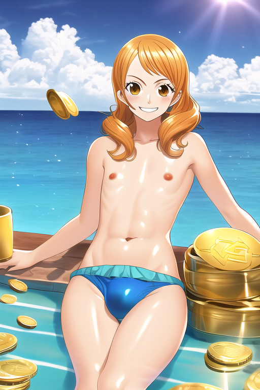 1boy, ai generated, belly, belly button, bulge, bulge through clothing, coin, femboy, feminine male, genderswap, genderswap (ftm), gold (metal), gold coin, male, male nami, male only, nami (one piece), nipples, novelai, one piece, orange hair, post-timeskip, rule 63, solo, swim briefs, swimsuit, topless