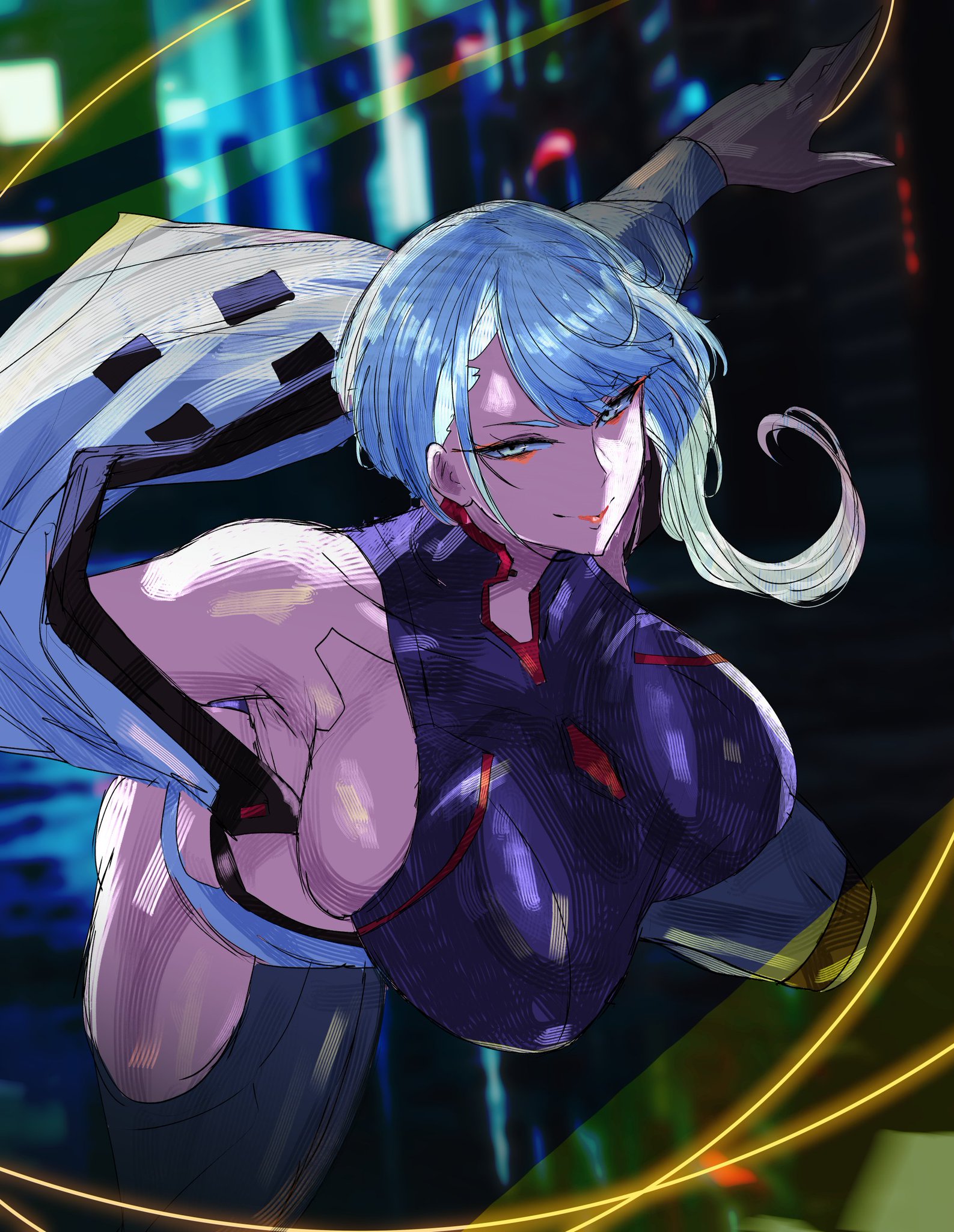 2020s, 2026, 2d, 2d (artwork), 2d artwork, armpits, asian, asian female, big boobs, big breasts, big thighs, big tits, big titties, blue eyes, boobs, breasts, city, city background, clothed, clothed female, clothes, curvy, curvy body, curvy female, curvy figure, curvy thighs, cybernetics, cyberpunk (series), cyberpunk 2077, cyberpunk: edgerunners, digital drawing (artwork), digital media, digital media (artwork), ears, eyebrows, eyelashes, eyes, eyes half closed, eyes half open, eyes open, female focus, female only, fingers, human, human female, humanoid, legwear, leotard, light skin, light skin female, light skinned, light-skinned female, lips, lipstick, looking at viewer, lucyna kushinada, makeup, multicolored hair, night, no dialogue, no text, open clothes, open jacket, partially nude, partially nude female, revealing clothes, revealing clothing, revealing outfit, saggitary, sci-fi, science fiction, sexually suggestive, sexy, sexy body, sexy female, side boob, sideboob, smile, smiling, smiling at viewer, stocking, stockings, suggestive, suggestive look, thick thighs, thighs, tight clothes, tight clothing, tight fit, tits, two-tone hair, voluptuous, voluptuous female, white hair, white hair female, wide thighs
