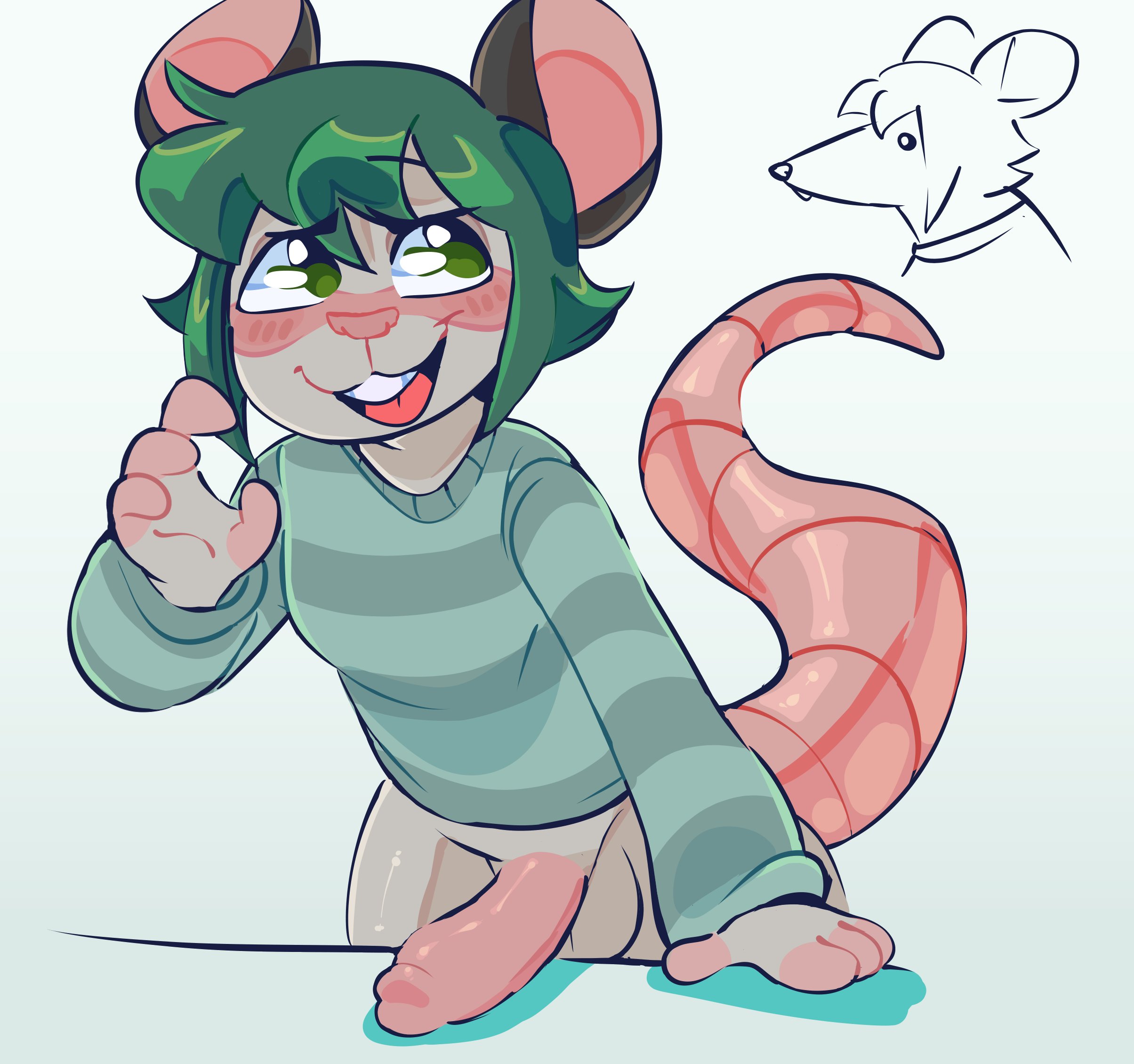 anthro, anthro only, bottomless, dick, embarrassed, femboy, femboy only, feminine male, furry, furry only, gay, green eyes, green hair, kayden (mawmain), looking away, male, male only, mawmain, mouse, mouse ears, mouse tail, no panties, no pants, no underwear, penis, penis on table, penis out, rat, rat ears, rat tail, rodent, shirt, shirt only, shy, simple background, solo, solo focus, solo male, tankunito, top only, topwear, twink, white background, yaoi