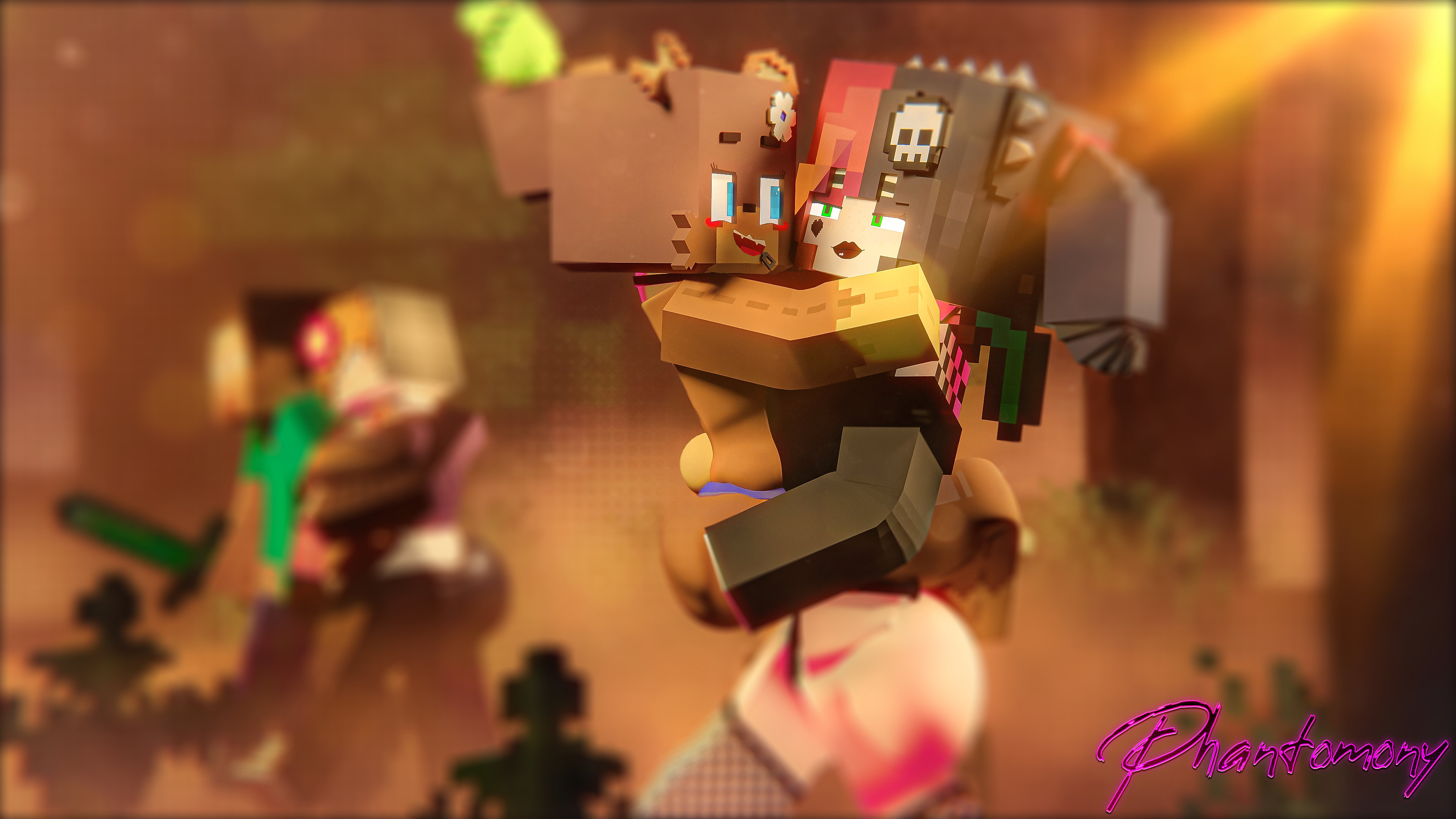 3d (artwork), 3girls, absurd res, bia prowell (slipperyt), blender, blender (artwork), blender (software), blender cycles, carrying, carrying another, ellie walls (odysseyellie), female, highres, jenny belle (slipperyt), male, minecraft, phantomony, steve (minecraft)