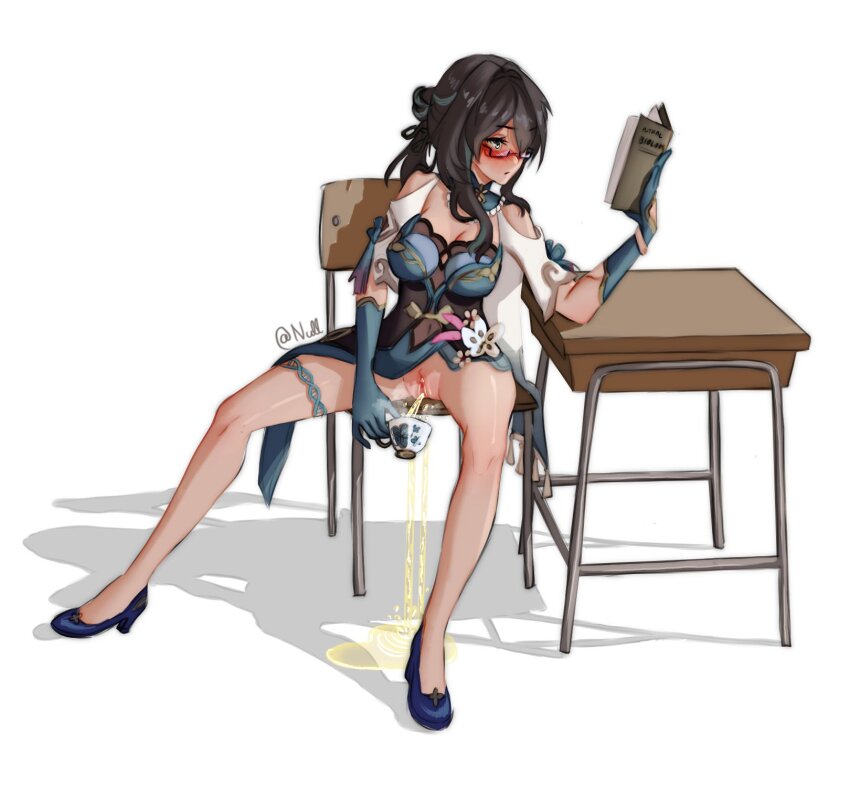 1girls, 2d, bottomless, casual, casual urination, girl, honkai (series), honkai: star rail, pee, peeing, peeing in cup, peeing into container, piss, pissing, reading, ruan mei (honkai: star rail), school desk, tea cup, urination, urine