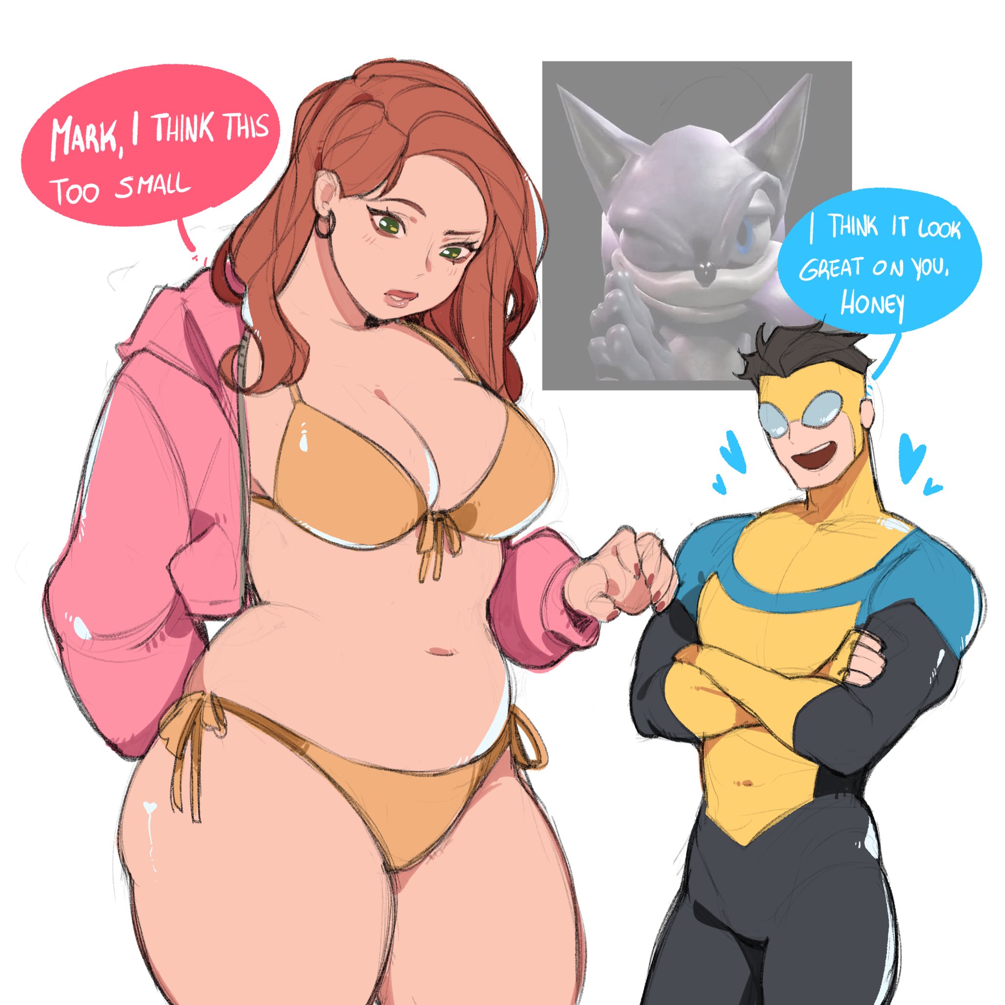 1boy, 1girls, atom eve, bikini, chubby, chubby female, clothed, clothing, dialogue, embarrassed underwear female, embarrassing outfit, golden bikini, invincible, invincible (tv series), kamii momoru, mark grayson, meme, no nude, samantha eve wilkins, sonic (series), sonic the hedgehog, tagme, thick thighs, zesty sonic (meme)