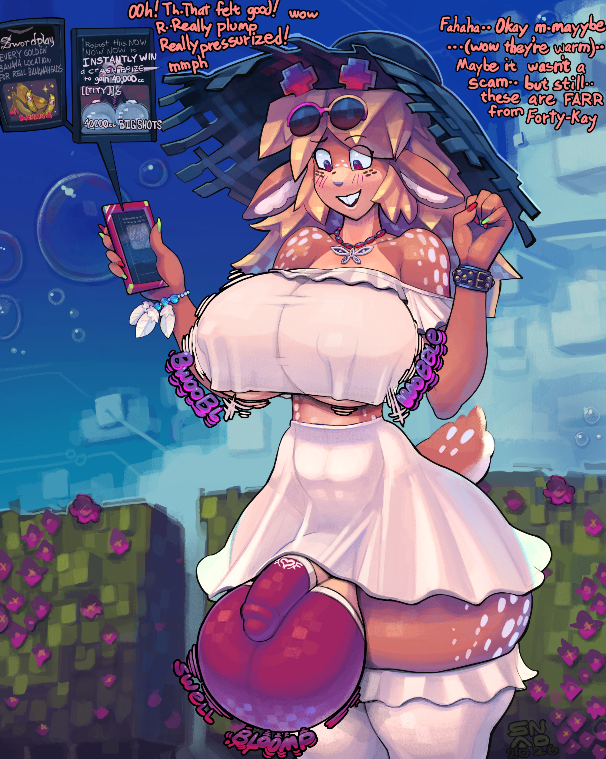 balls growth, breast expansion, cock sock, deltarune, expansion, futanari, huge balls, huge breasts, noelle holiday, penis growth, snao, sundress, tagme