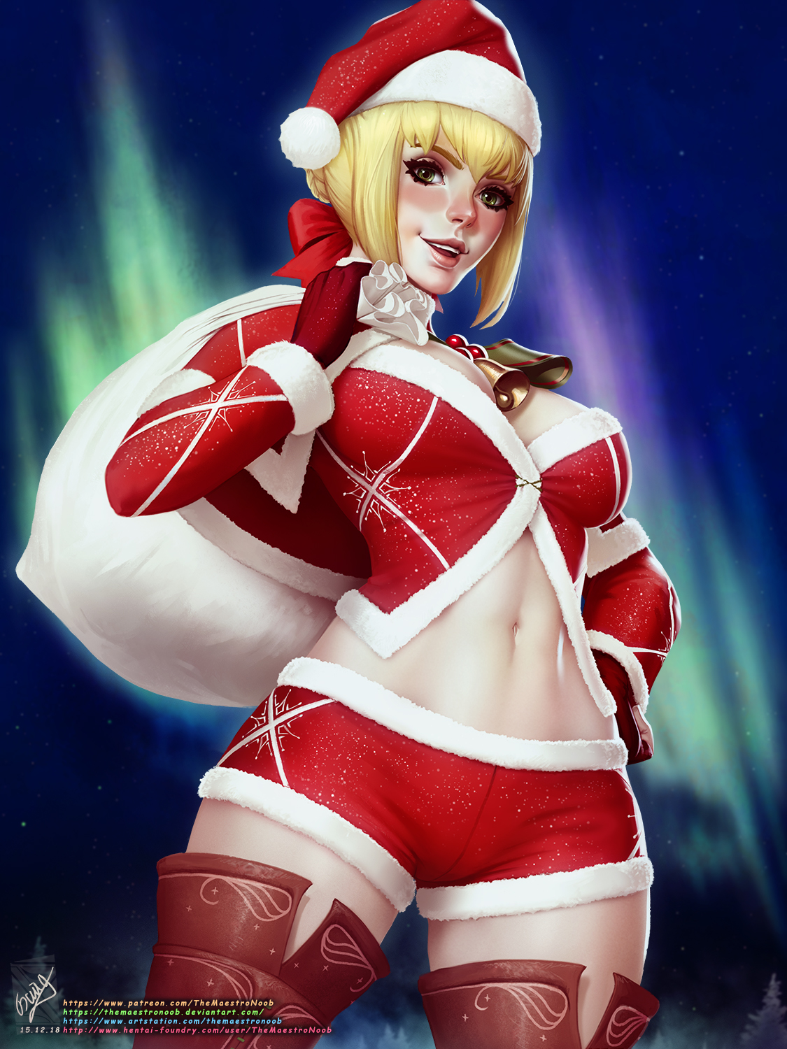 1girls, abs, blonde hair, bob cut, breasts, christmas, cleavage, fate (series), fate/grand order, female, looking at viewer, nero claudius (fate), padoru (meme), short hair, solo, themaestronoob