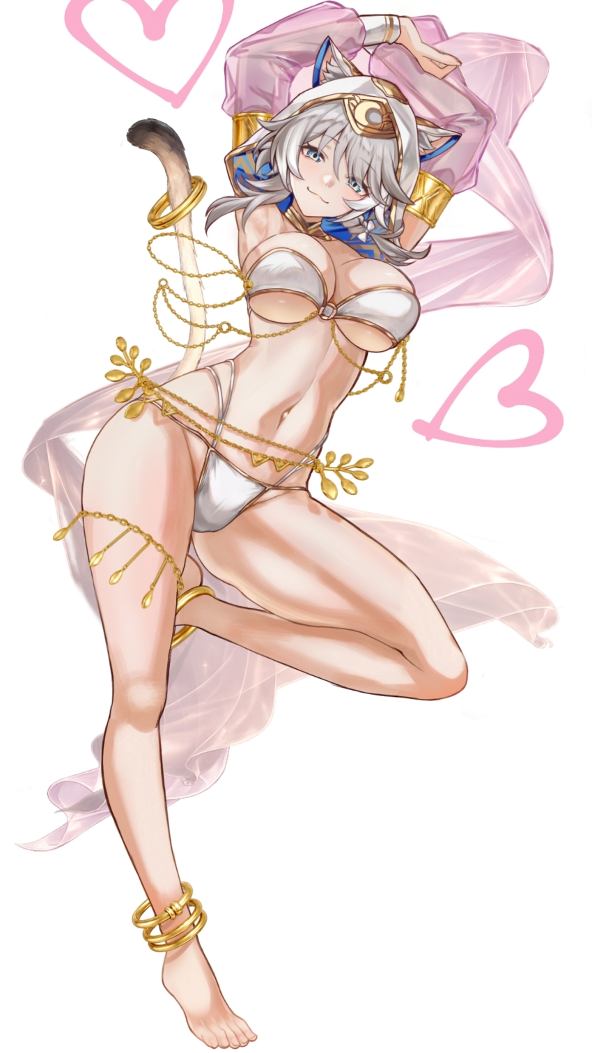 1girl, absurdres, animal ears, animal hood, armpits, arms above head, arms up, armwear, ass visible through thighs, barefoot, beautiful, belly, belly button, belly dancer, belly dancer outfit, big breasts, bikini, blue eyes, bra, breasts, cat ears, cat girl, cat hood, cat tail, chains, cipher (honkai: star rail), cleavage, collar, commentary request, feet, female, female focus, female only, goddess, gold jewelry, grey hair, heart, heart symbol, highres, hips, hips wider than shoulders, honkai (series), honkai: star rail, hood, huge breasts, inner sideboob, jewelry, large breasts, looking at viewer, looking down, muscular thighs, navel, panties, pink clothing, saint laurent paris, short hair with long locks, sideboob, simple background, smile, smiling, solo, standing, standing on one leg, swimsuit, tail, thick thighs, thighs, toes, underwear, white background, white bikini, white hood, white underwear