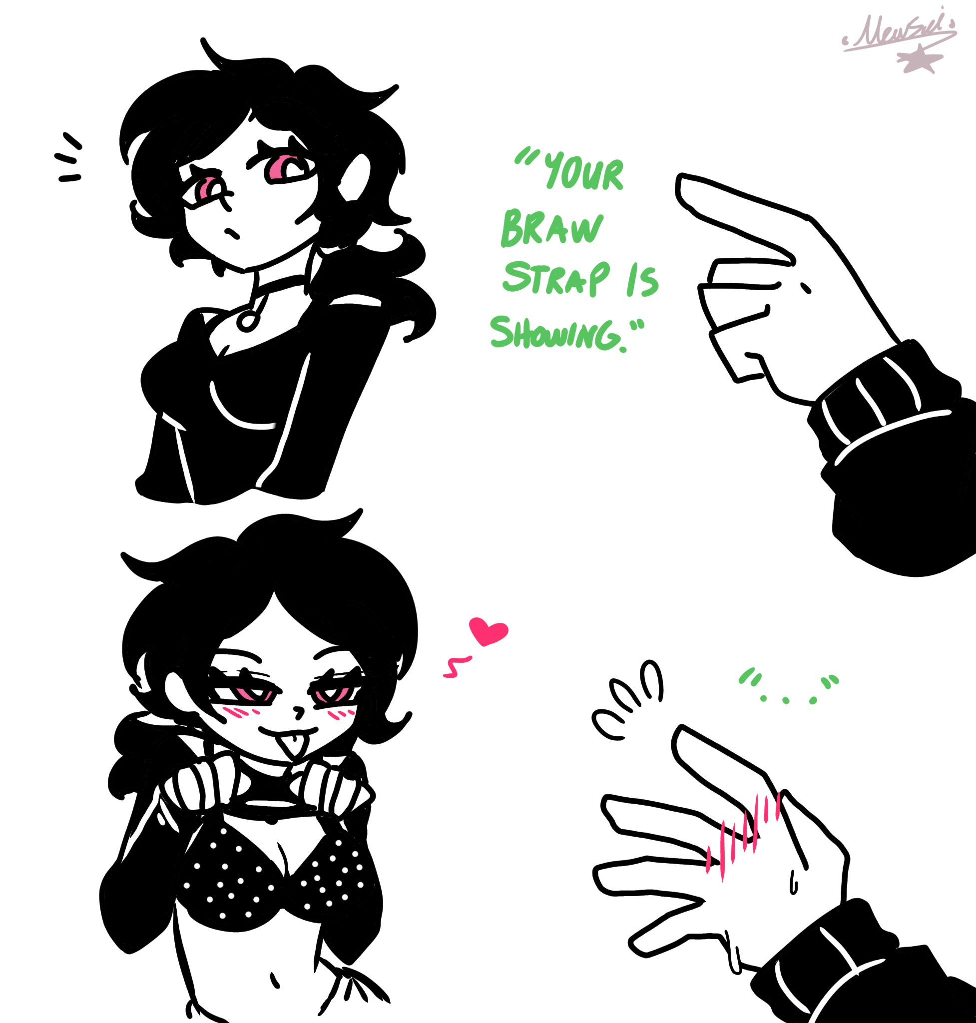 1boy, 1girls, 2d, andrew graves, ashley graves, blush, bra, bra strap is showing (meme), brother and sister, choker, dialogue, english text, female, flashing bra, flashing breasts, incest, male, mewsui, pink eyes, polka dot, polka dot bra, shirt lift, showing bra, showing breasts, siblings, straight, the coffin of andy and leyley, tongue, tongue out