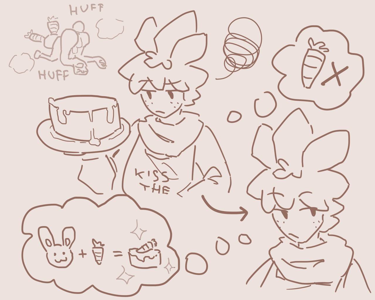 2anthro, 2boys, anthro/anthro, apron, arrow (symbol), balloon ears, blushcrunch studio, breath cloud, bunny, bunny tail, carrot, comic, comic page, cross, dandy's world, dandys world, food, for a head, freckles, freckles on face, funny bunny looey, gay, huffing, leaf hair, looey (dandy's world), male/male, no color, object head, paws, pumpkinocd, roblox, scarf, sprout (dandy's world), thought bubble, toon (dandy's world), video games, x, yaoi