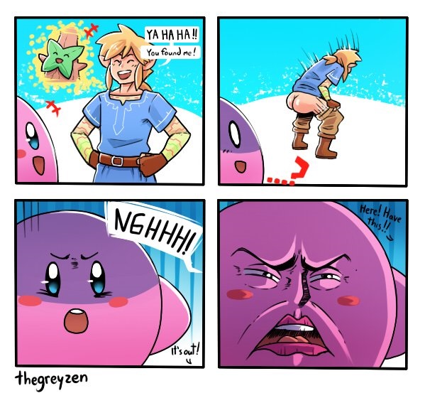 ! >:o ... :d :o ? alien ambiguous_gender ass bald blue_eyes boots breath_of_the_wild champion's_tunic close-up clothed clothing comic crossover dialogue disgusted english_text feces footwear hair humanoid humor hylian kirby kirby_(series) korok korok_seed link link_(breath_of_the_wild) male mammal mostly_nude nintendo open_mouth pants presenting presenting_hindquarters scat shirt smile squint standing surprise teeth text the_legend_of_zelda the_truth thegreyzen tongue video_games