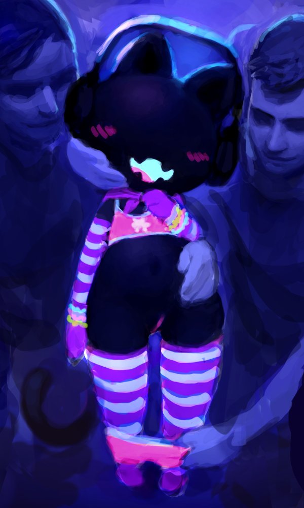 ambiguous_gender anthro armwear assisted_exposure blush clothing crookedtrees elbow_gloves eyeless feline female female_focus gloves group headphones legwear male mammal monstercat monstercat_media pussy solo_focus spread_pussy spreading stockings straight striped_legwear striped_stockings stripes