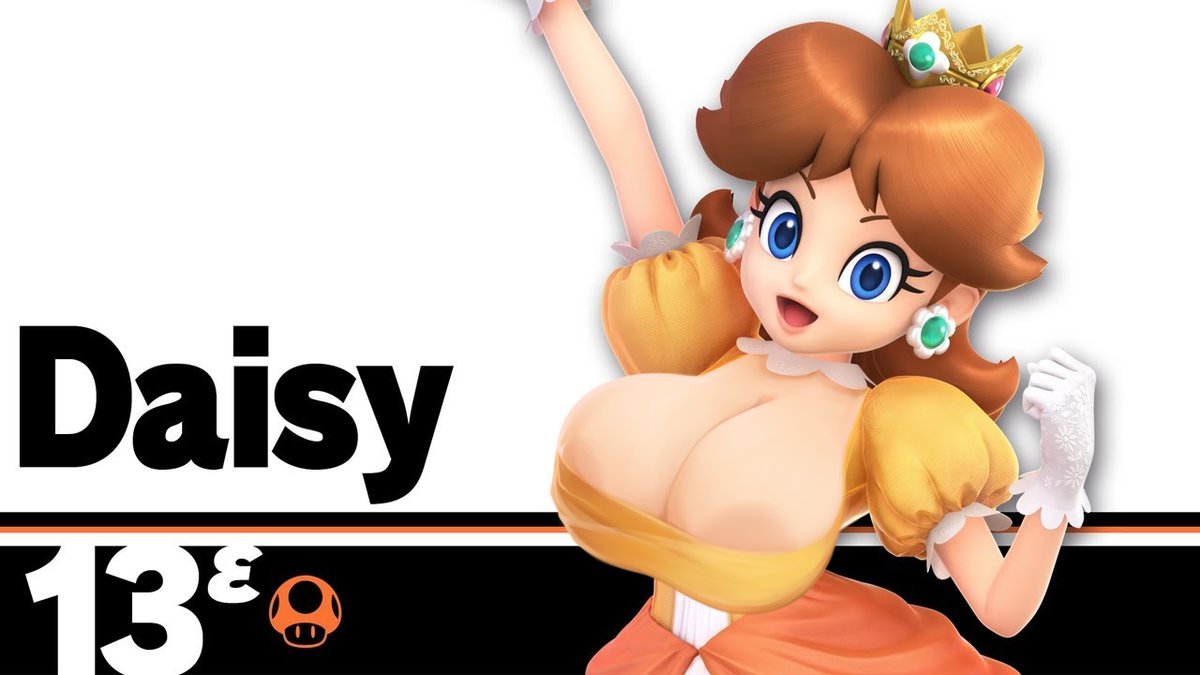 1girls, accurate art style, bare chest, big breasts, blue eyes, breasts, character name, cleavage, clothing, crown, dress, earrings, edit, eyelashes, female, female only, flower earrings, ginger hair, gloves, light skin, light-skinned female, lips, looking at viewer, mario (series), nintendo, official artwork edit, open mouth, partially visible nipples, plantpenetrator, princess daisy, puffy short sleeves, puffy sleeves, shoulder length hair, solo, super smash bros., text, tight clothing, white gloves, yellow dress