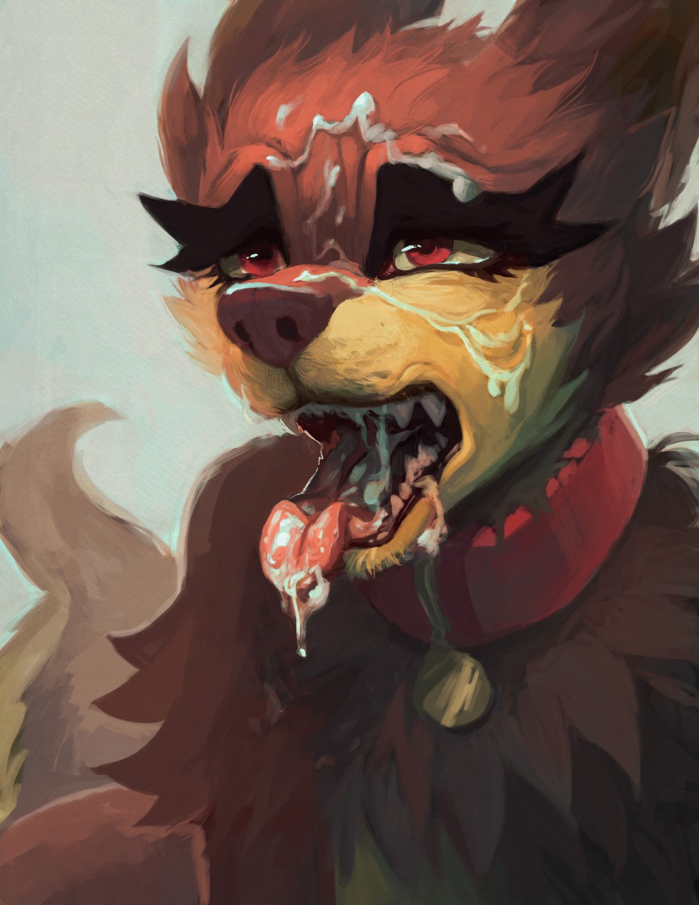 anthro big_eyebrows canine collar collar_tag cum cum_in_mouth cum_inside cum_on_face cum_on_tongue female floraverse fur grey_background jacklyn_(floraverse) looking_at_viewer mammal open_mouth red_eyes simple_background solo spikievstheworld teeth tongue tongue_out wolf