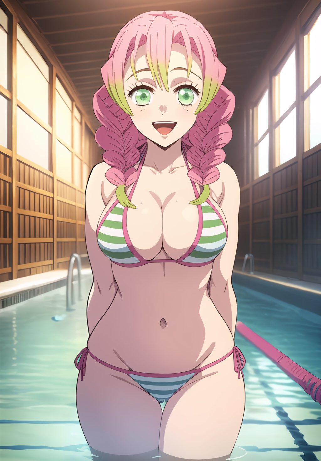 ai generated, big breasts, bikini, breasts, demon slayer, female, green eyes, kanroji mitsuri, kimetsu no yaiba, pink hair, smile, stable diffusion, twin braids