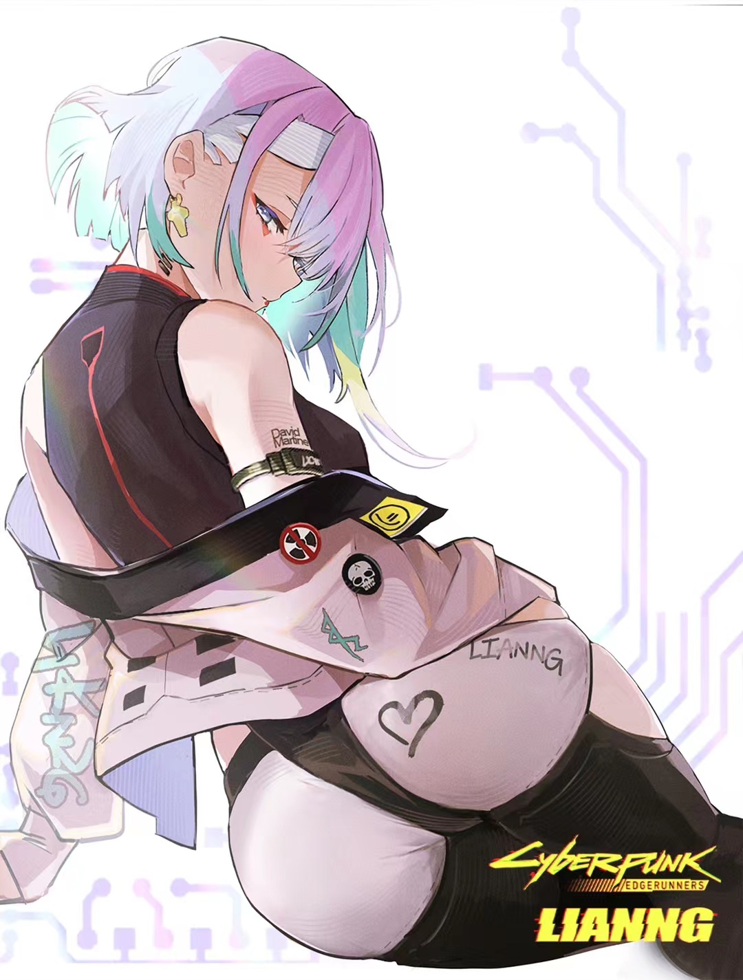 1girls, ass, ass focus, big ass, cd projekt red, cyberpunk 2077, cyberpunk: edgerunners, female, female only, lianng, light skin, light-skinned female, looking at viewer, looking back, lucyna kushinada, presenting hindquarters, studio trigger