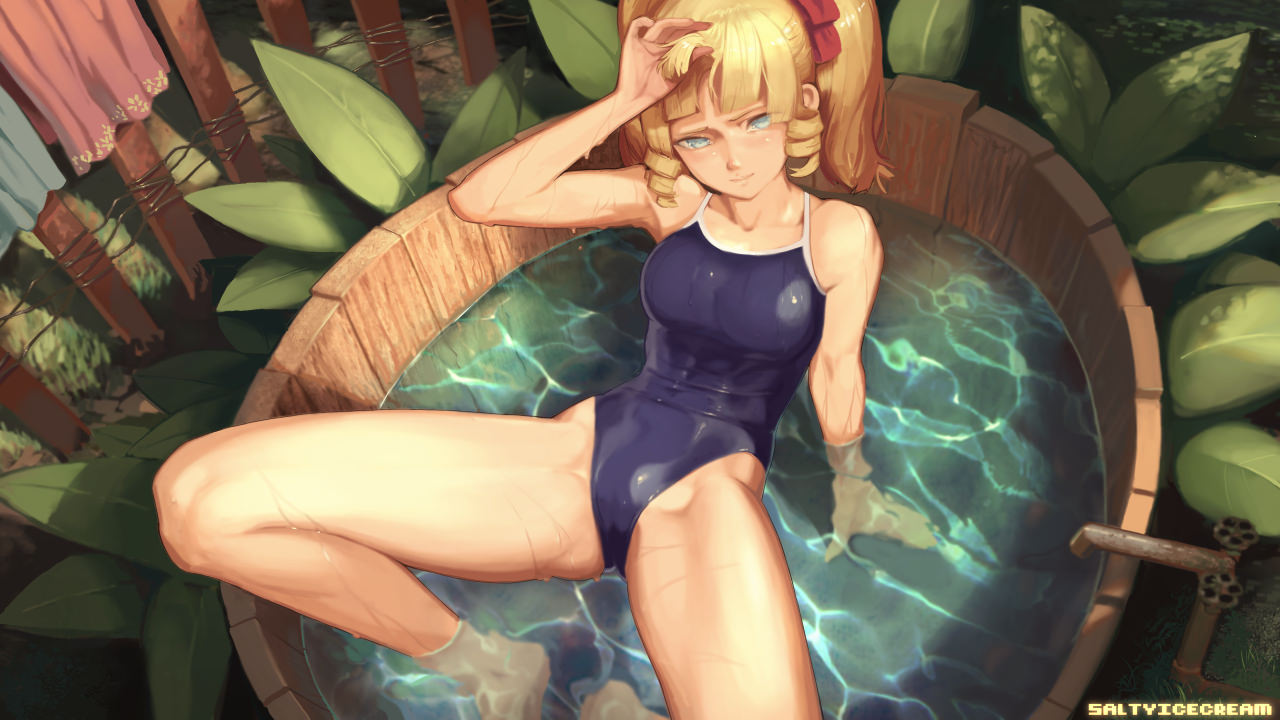 blonde_hair blue_eyes female female_only saltyicecream solo swimsuit wet