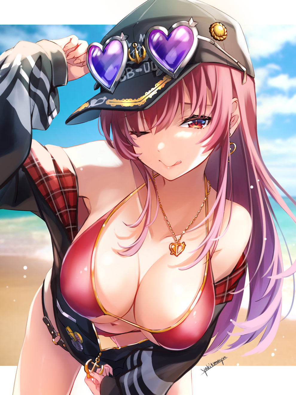 1girls ;q anchor_symbol armpits arrow_through_heart artist_name bare_shoulders baseball_cap beach bikini black_headwear black_jacket breasts cleavage closed_mouth collarbone cowboy_shot earrings eyewear_on_head eyewear_on_headwear female female_focus female_only gold_trim halterneck hand_on_eyewear hat heart heart-shaped_eyewear heart_earrings heart_necklace highres hololive hololive_fantasy hololive_japan houshou_marine jacket jewelry large_breasts leaning_forward long_hair long_sleeves looking_at_viewer navel necklace off_shoulder official_alternate_costume one_eye_closed open_clothes open_jacket red_bikini red_eyes red_hair smile solo solo_female solo_focus standing straight_hair string_bikini sunglasses swimsuit thigh_strap tongue tongue_out unzipping virtual_youtuber yaki_mayu