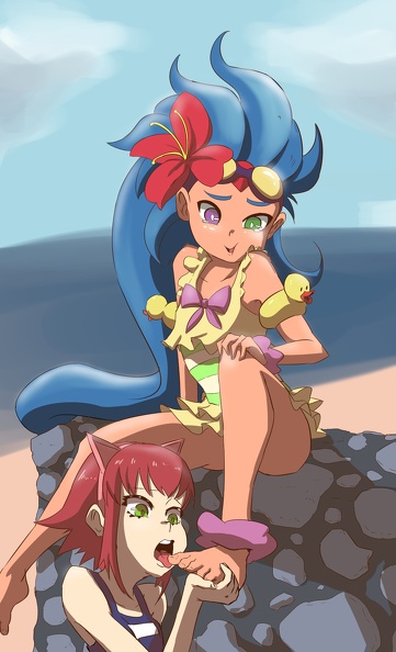 2girls annie_hastur beach blue_hair feet flower foot_fetish foot_lick foot_worship glasses green_eyes hair_flower heterochromia league_of_legends pool_party pool_party_series pool_party_zoe red_hair riot_games short_hair soles swimsuit toes tongue tongue_out yuri zoe_(league_of_legends)