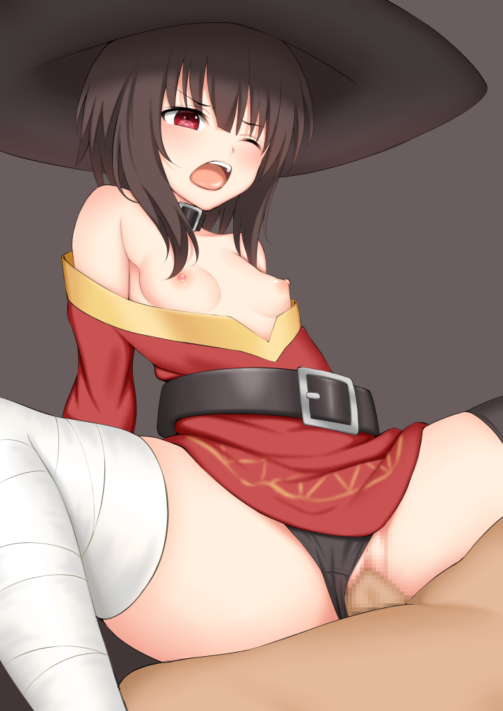 1boy arms_behind_back bandage bandaged_leg bandages bare_shoulders belt black_belt black_hair black_panties blush breasts clothed_female_nude_male collar commentary_request dress eyebrows_visible_through_hair female hat kono_subarashii_sekai_ni_shukufuku_wo! megumin mismatched_legwear nipples nude one_eye_closed open_mouth panties red_dress red_eyes sex short_hair_with_long_locks single_thighhigh small_breasts solo_focus spread_legs straight teeth thighhighs tongue toshishikisai underwear vaginal_penetration witch_hat