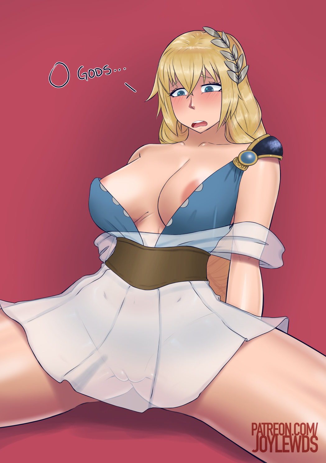 1girls, areola slip, blonde hair, breasts, cleavage, dress, female, joylewds, large breasts, milf, namco, see-through, sitting, solo, sophitia alexandra, soul calibur