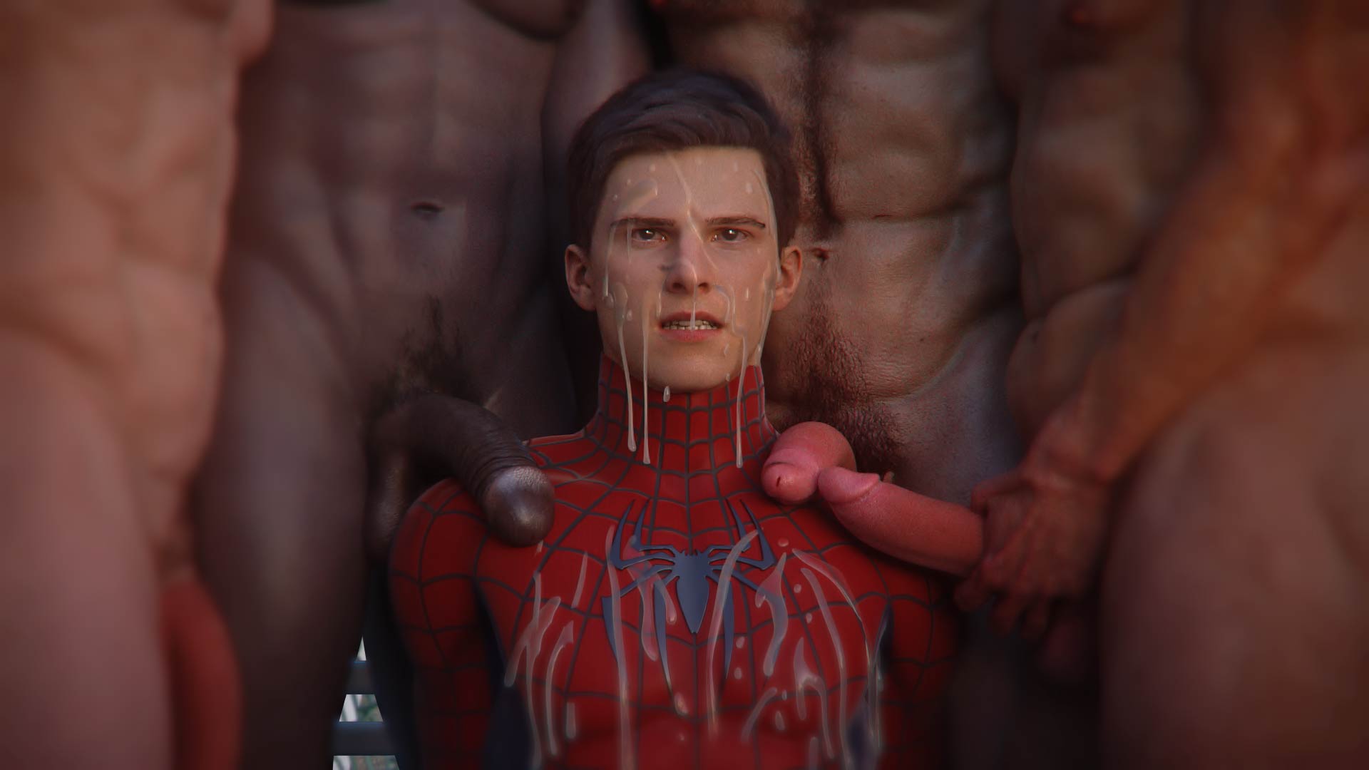 5boys, abs, brown hair, bukkake, clothed male nude male, cmnm, cum, cum dripping, cum dripping down chin, cum in mouth, cum on chest, cum on clothes, cum on face, dark penis, dark skin, dark-skinned male, erect nipples, erection, facial, feet out of frame, flaccid, flaccid penis, foreskin, gay, gaymer93, head out of frame, holding penis, male, male only, marvel, marvel comics, mask removed, multiple boys, multiple males, multiple penises, nipples, parted lips, pecs, penis, penis on shoulder, penis size difference, peter parker, realistic, retracted foreskin, spider-man, spider-man (ps4), spider-man (ps5), spider-man (series), uncircumcised