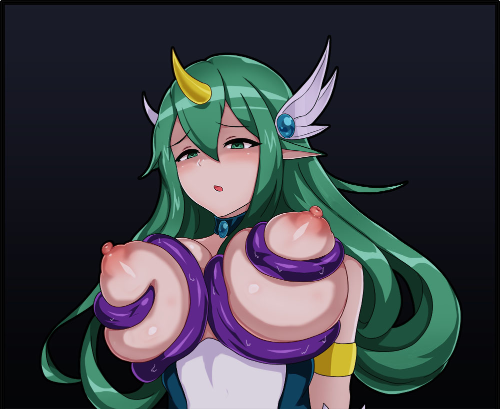 1girls, animal ears, areolae, big breasts, breasts, celestial (league of legends), female, female only, green eyes, green hair, grow minion, horn, large breasts, league of legends, nipples, solo, soraka, star guardian, star guardian series, star guardian soraka, tentacle