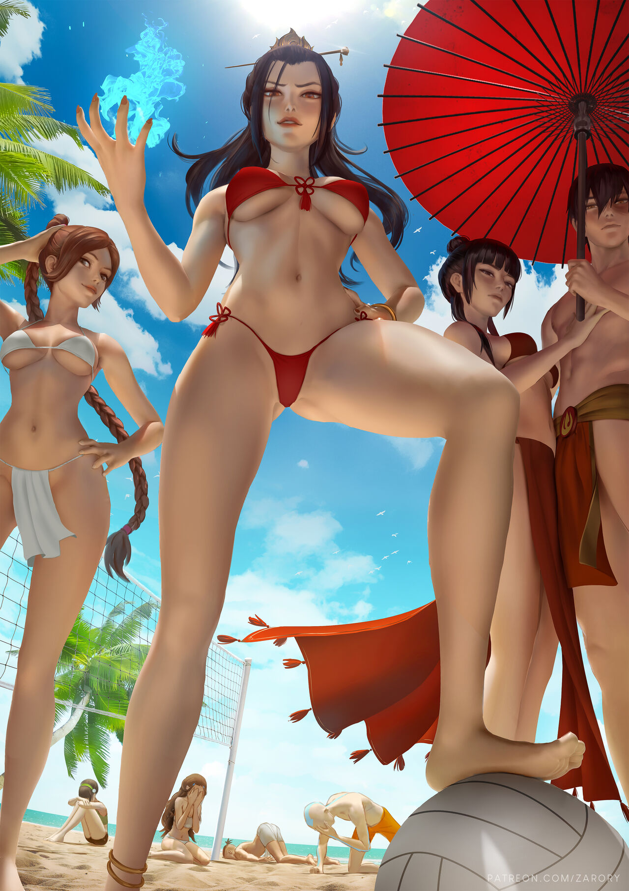 3boys, 5girls, aang, alternate version available, avatar the last airbender, azula, beach, bikini, black hair, braided ponytail, breasts, brother and sister, brown eyes, brown hair, clothing, dark skin, defeated, female, fire, fire nation, firebending, from below, group, hand on hip, hand on own hip, highres, human, katara, large breasts, light skin, light-skinned female, loincloth, long hair, looking at viewer, mai (avatar), male, medium breasts, multiple females, multiple girls, navel, nickelodeon, nonsexual, pale skin, parasol, ponytail, pussy, realistic, red bikini, royalty, scar, siblings, sokka, swimsuit, swimwear, toph bei fong, ty lee, victory, volleyball, yellow eyes, zarory, zuko