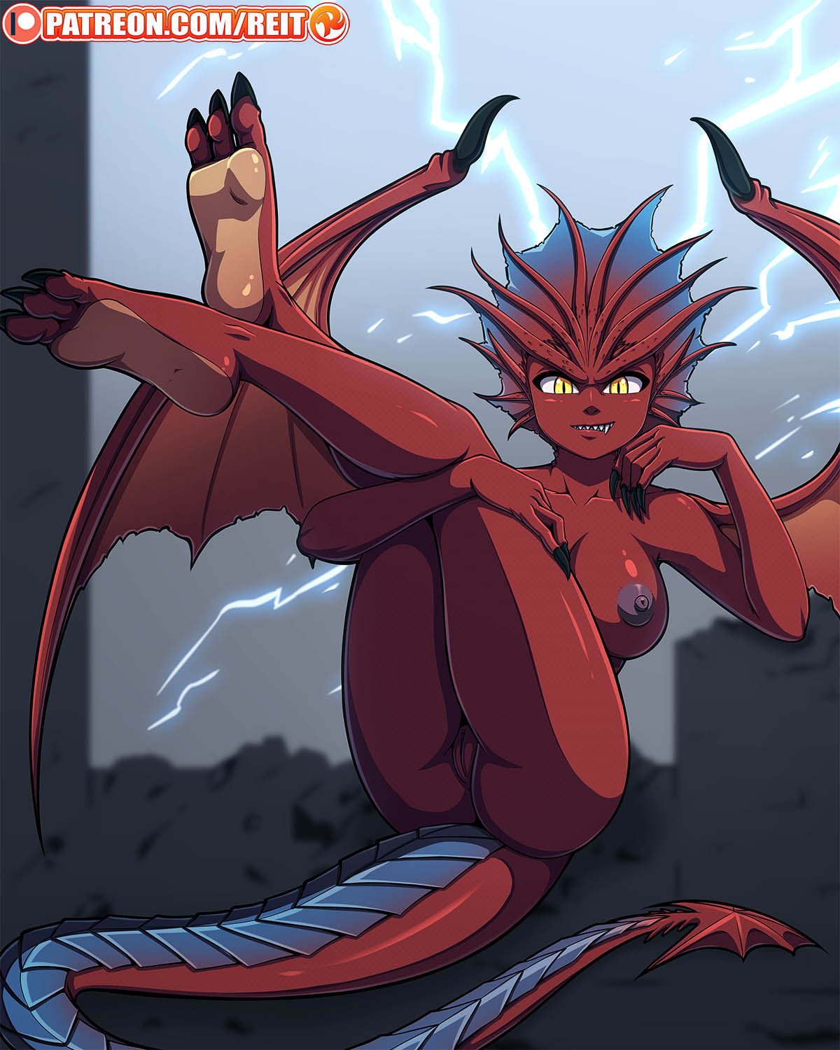 beast, dragon, dragon girl, evil grin, female, grinning, innie pussy, looking at viewer, magic, magic the gathering, niv mizzet, patreon, pussy, red skin, reit, rule 63, tail, wings, yellow eyes