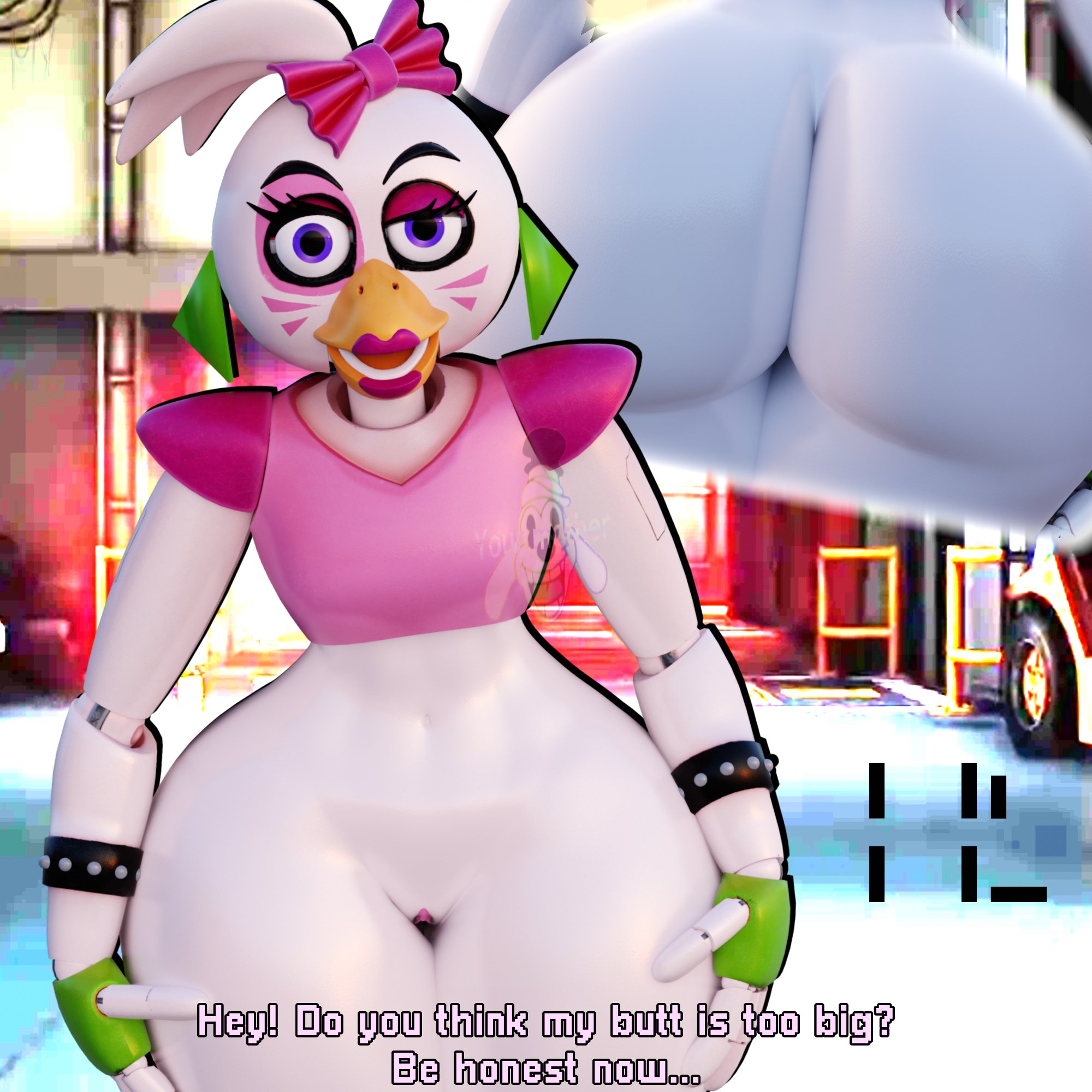 3d, 3d (artwork), ass, big ass, bubble ass, bubble butt, curvy figure, female, five nights at freddy's, five nights at freddy's: security breach, glamrock chica (fnaf), masteryorg0, solo, talking to viewer