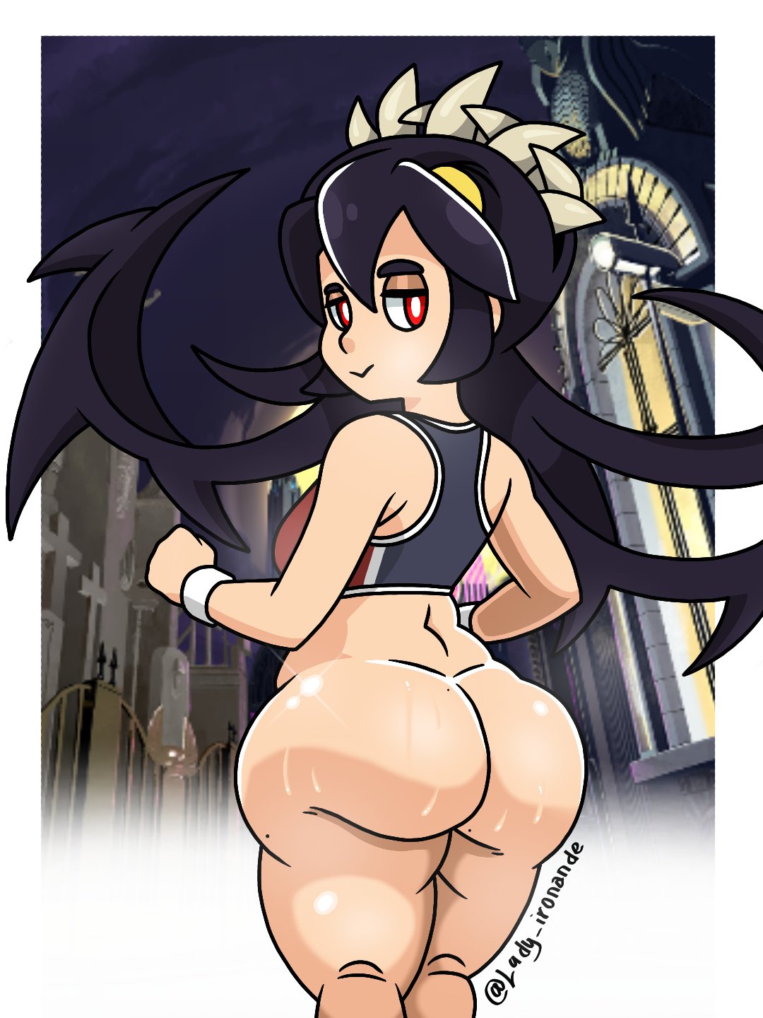 ass bbw belly big_breasts chubby curvy fat fat_ass fatty filia_(skullgirls) lady_ironande looking_back skullgirls sweat thick_thighs