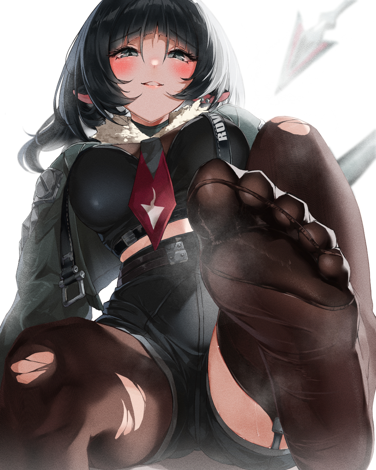 1girls, ass, big ass, big breasts, big thighs, black hair, breasts, feet, feet focus, female, foot fetish, huge ass, huge thighs, jane doe (zenless zone zero), rat ears, red nails, short hair, socks, solo female, sweat, sweatdrop, sweating, tagme, tail, tama yu, thick thighs, thighs, toes, toes visible through clothing, viewed from below, zenless zone zero
