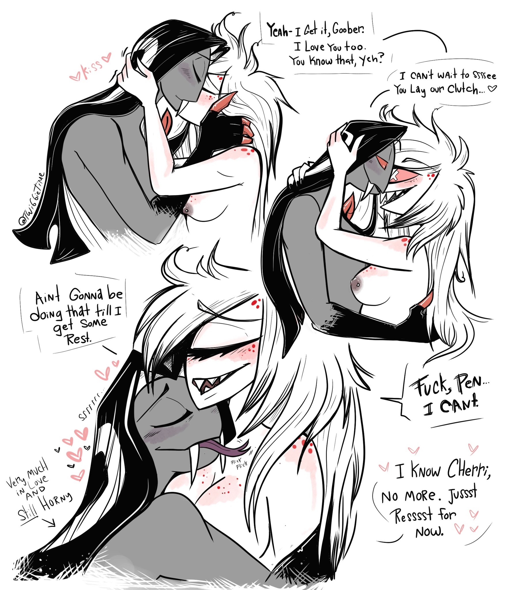 1boy, 1girls, 2024, 2d, after anal, after orgasm, after sex, after vaginal, blush, blushing, breasts, breasts out, cherri bomb, cherri bomb (hazbin hotel), color, comforting, comic, cyclops, dialogue, english, english dialogue, english text, female, freckles, hazbin hotel, heart, heart symbol, horny, horny (disambiguation), horny male, kiss, kissing, male, nipple piercing, nipples, piercing, pussy, resting, romantic couple, sir pentious (hazbin hotel), snake, talking, talking to another, text, text bubble, they love each other, twiggietime, vivienne medrano, watermark, wholesome