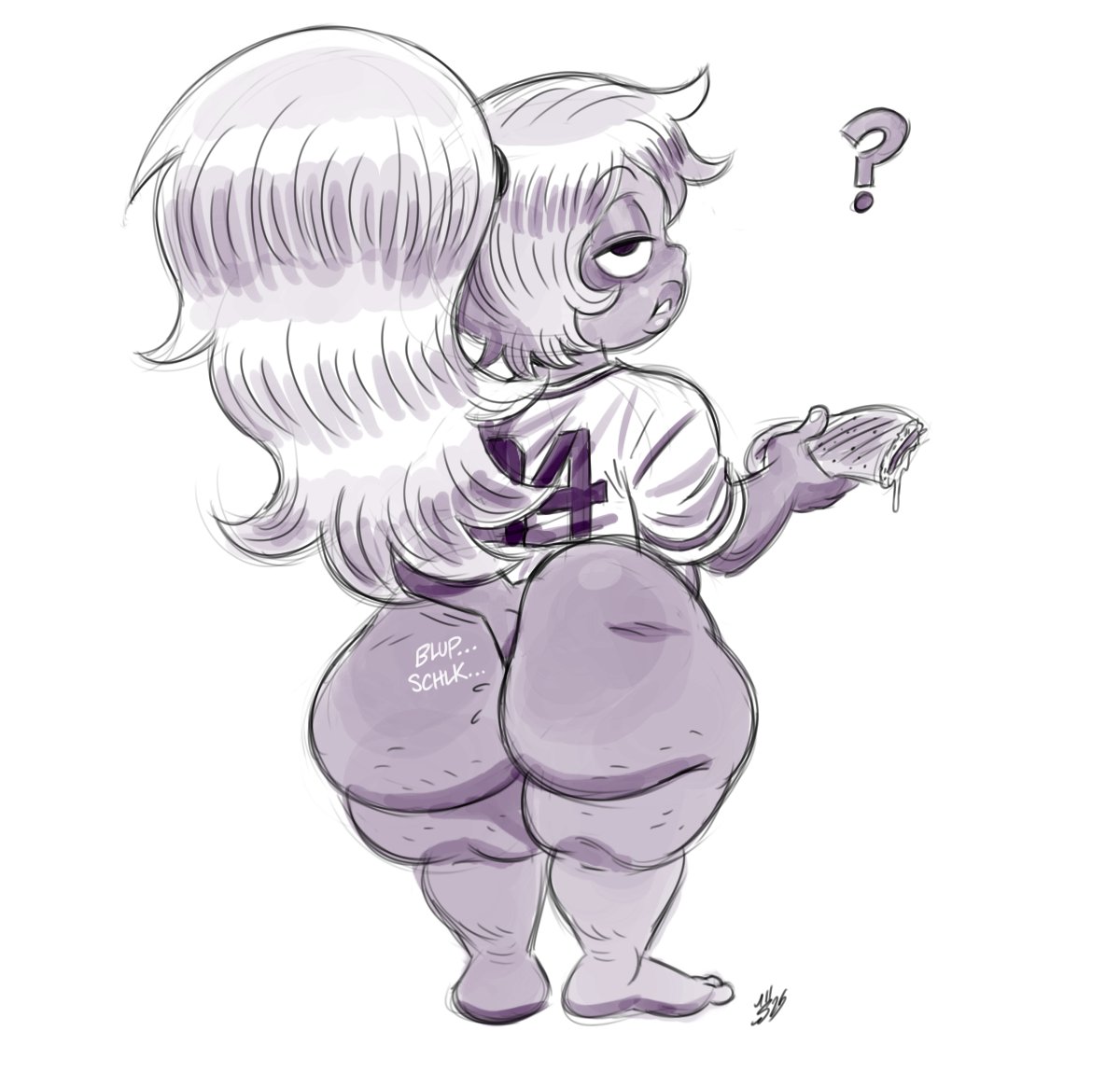 ?, amethyst (steven universe), ass, big ass, bottomless, burrito, deepcreases, fat ass, feet, female, gem (species), jersey, long hair, ponytail, purple hair, purple skin, question mark, shirt, shortstack, steven universe