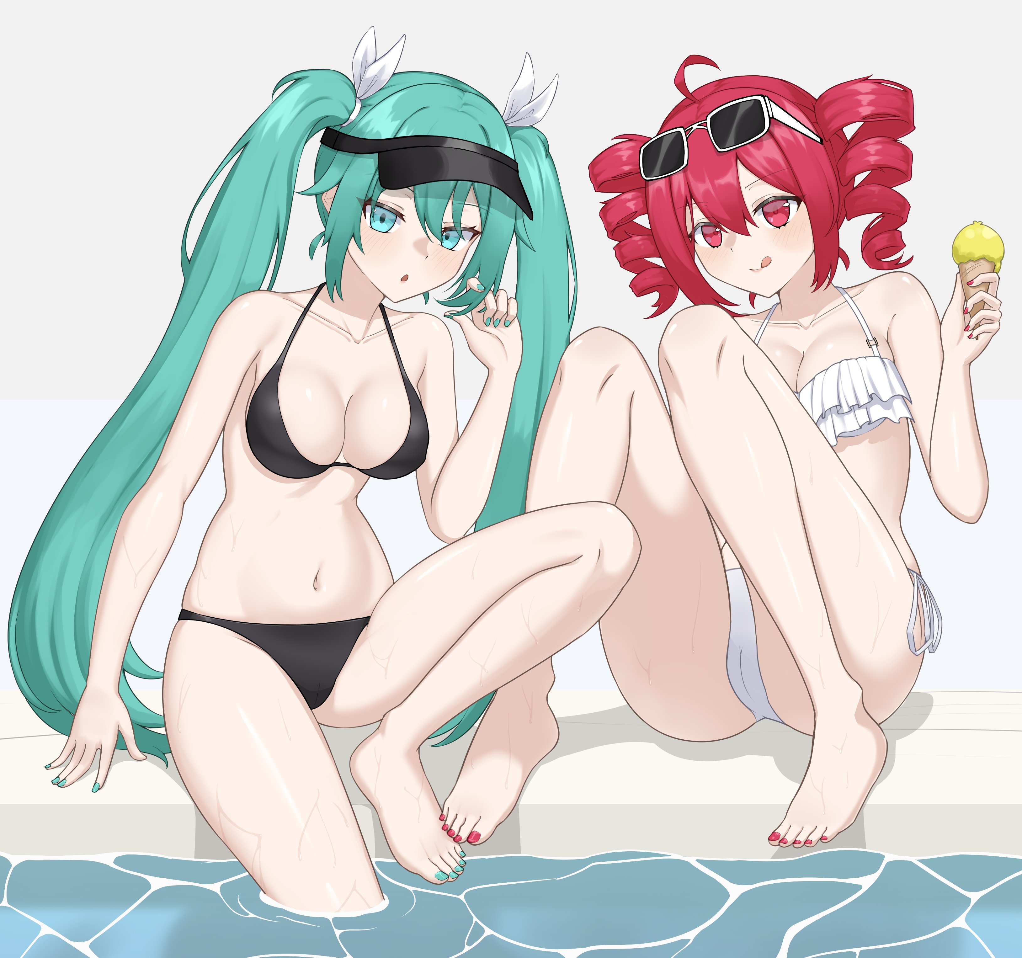 :q, 2d, 2d (artwork), 2girls, ahoge, aqua eyes, aqua hair, aqua nails, bangs, bare shoulders, barefoot, bikini, black bikini, blue eyes, blue hair, blush, breasts, cameltoe, cleavage, collarbone, crossover, drill hair, eyewear on head, feet, female, female only, food, frilled bikini, frills, hair ornament, halterneck, hatsune miku, hatsune miku (collared bikini), holding, holding food, ice cream, ice cream cone, kasane teto, licking lips, loginazfy, long hair, looking at viewer, medium breasts, midriff, multiple girls, nail polish, navel, painted nails, pool, pussy, red eyes, red hair, shiny skin, side-tie bikini, side-tie bikini bottom, sitting, small waist, smile, sunglasses, swimsuit, thick thighs, thighs, toenail polish, toenails, toes, tongue, tongue out, twin drills, twintails, utau, very long hair, visor cap, vocaloid, water, wet, wet body, white bikini