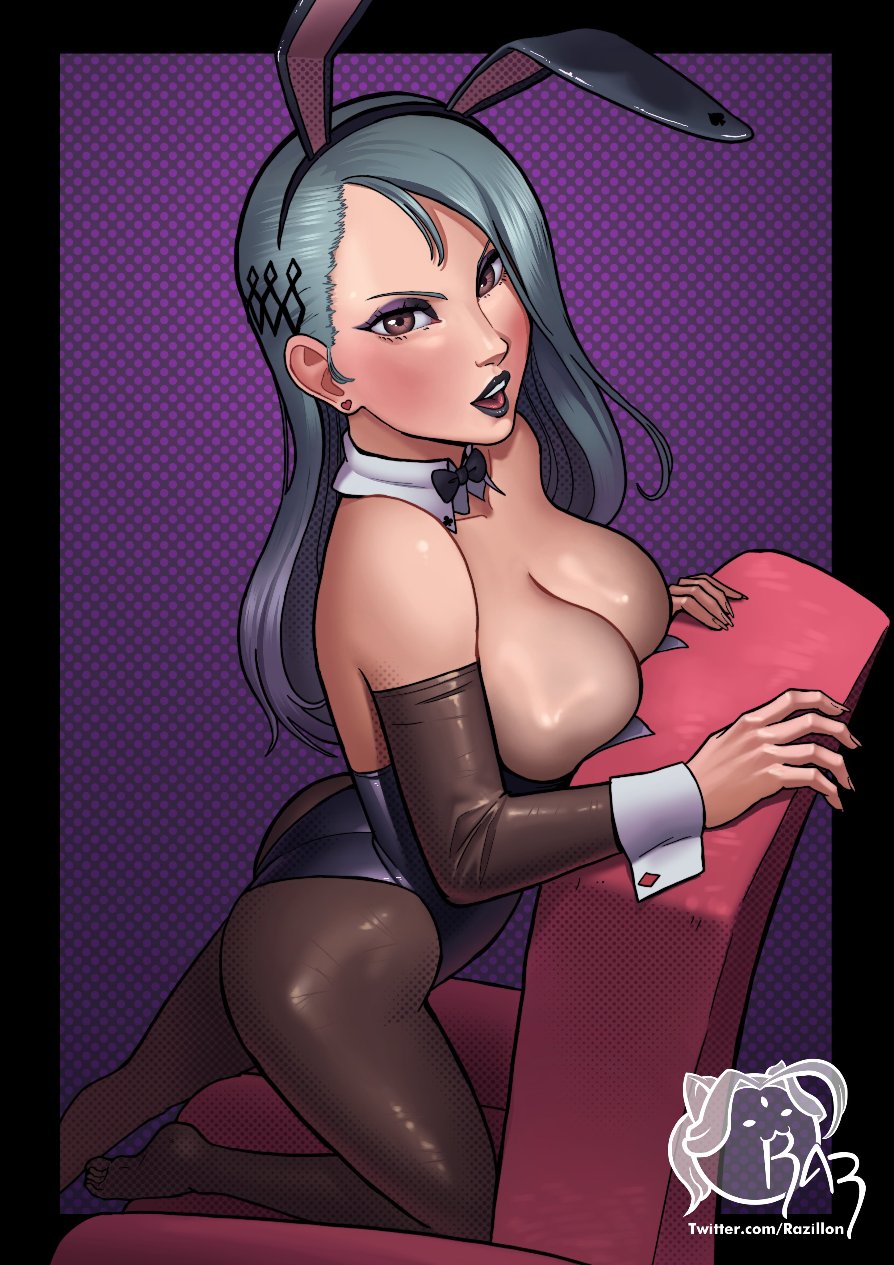 1girls, armwear, atlus, big breasts, black bunnysuit, black gloves, black lips, black lipstick, breasts, brown eyes, bunny ears, bunnysuit, chair, cleavage, eyeshadow, fake animal ears, female, female only, gloves, grey hair, hair, hair ornament, leggings, legwear, lips, lipstick, mature, mature female, neckwear, persona, persona 5, purple eyeshadow, razillon, ribbon, sae niijima, solo, solo female