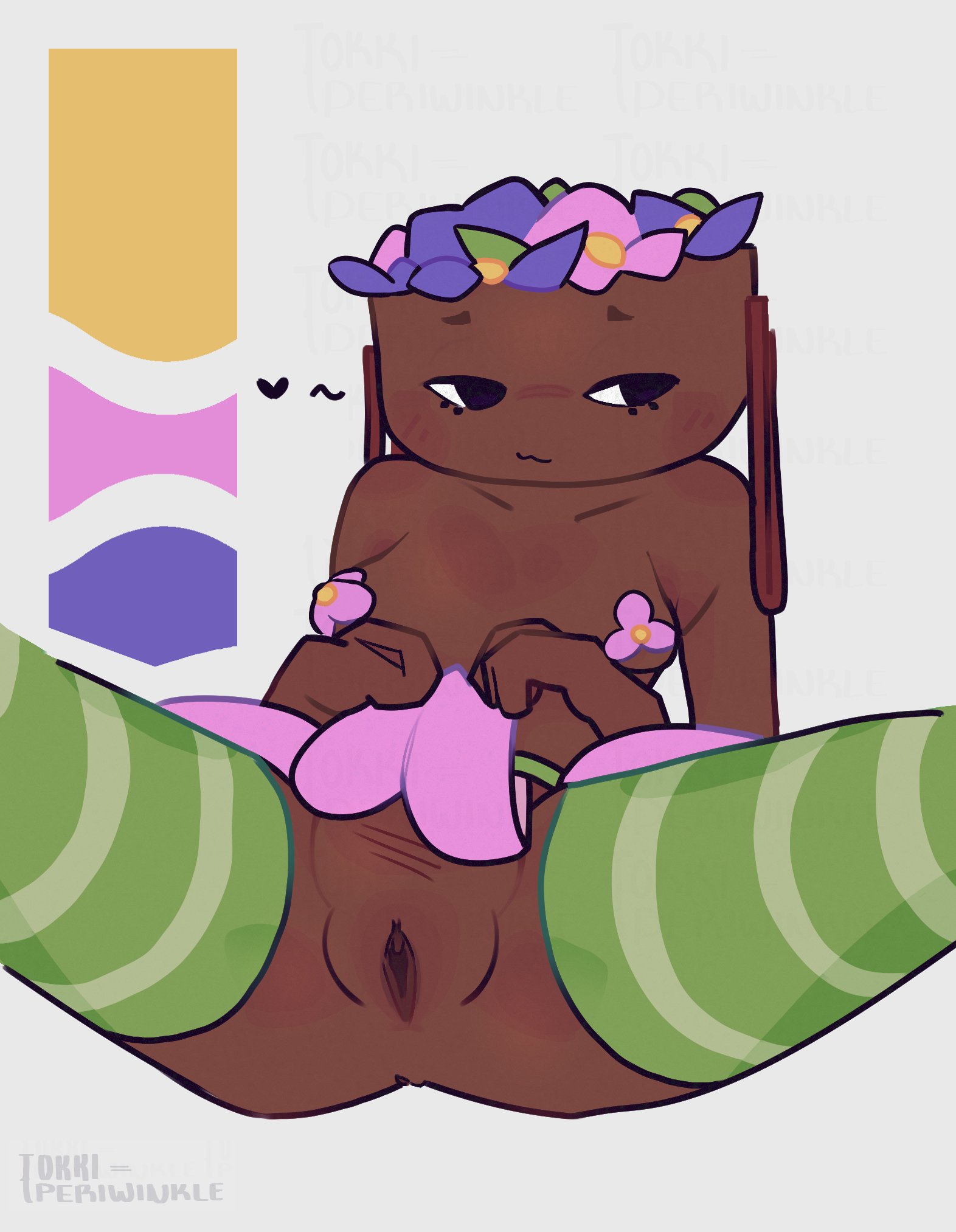 bassie (dandy's world), covered nipples, dandy's world, female, flowers, furry, object head, roblox game, solo female, spread legs, striped socks, tokkiperiwinkle
