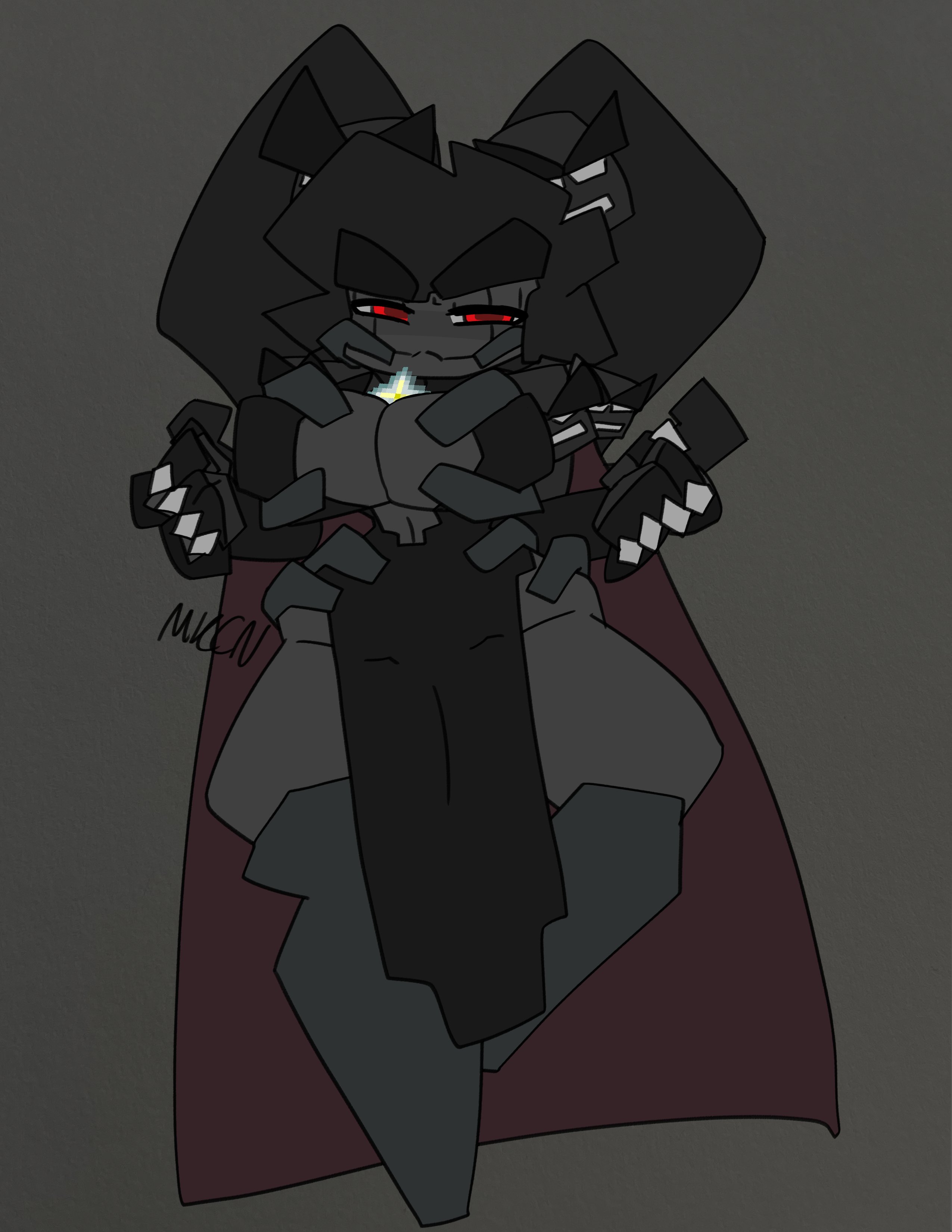 1girls, ash the wither (cdknsfw), black hair, boob window, breasts, cape, cdk, clothed, clothing, female, grey skin, large breasts, looking at viewer, mechacarnis, minecraft, pelvic curtain, pelvic line, red eyes, round breasts, solo, solo female, standing, thick thighs, thighhighs, wither (minecraft)