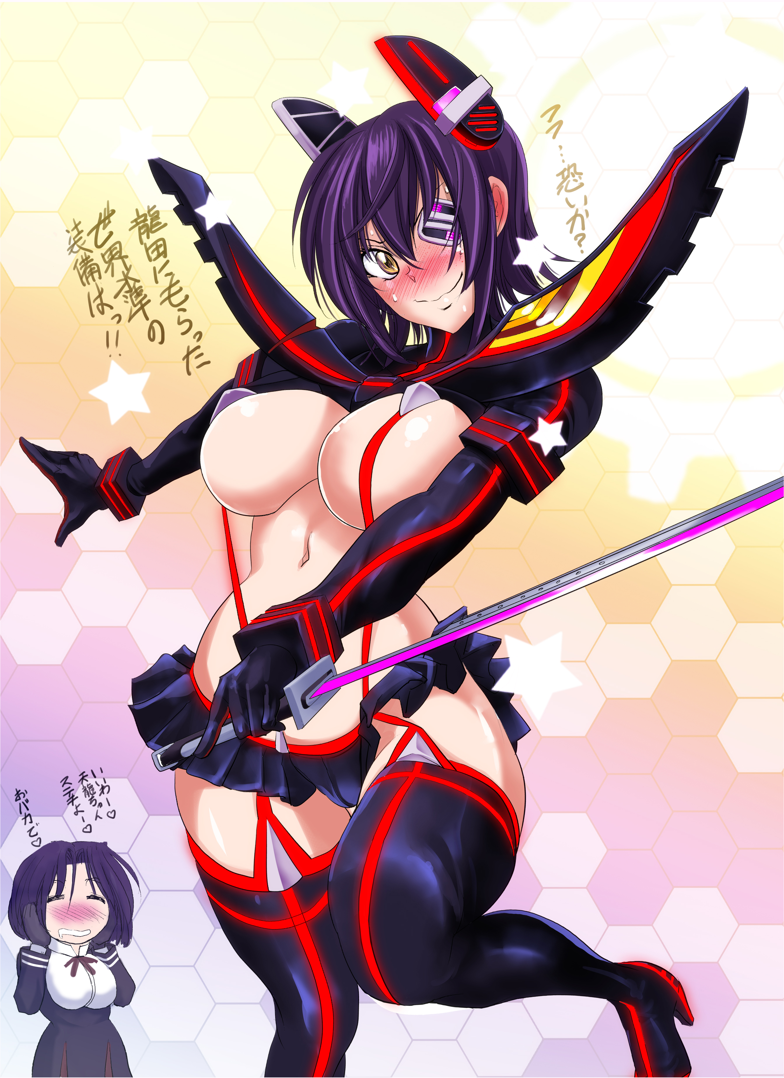 2girls, armor, artist name, bare shoulders, big breasts, black gloves, black hair, blue skirt, blush, boots, breasts, busty, cleavage, closed eyes, cosplay, crossover, curvy, detailed background, dress, drooling, eyelashes, eyepatch, female, front view, garter straps, gloves, headgear, high heel boots, high heels, holding object, hourglass figure, human, japanese text, kantai collection, kawaraya a-ta, kill la kill, leg lift, leg up, looking at viewer, matoi ryuuko (cosplay), miniskirt, multiple females, multiple girls, pose, posing, saliva, senketsu, shiny, shiny skin, short hair, standing, suspenders, sweat, sword, tatsuta (kantai collection), tenryuu (kantai collection), text, translation request, voluptuous, weapon, wide hips, yellow eyes