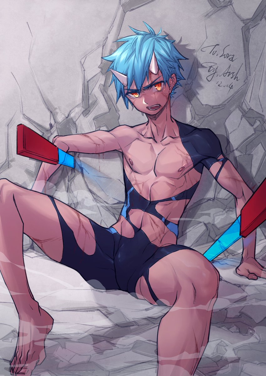 1boy abs arsh barefoot blood blue_hair bulge devil_horns male male_only muscles nipples orange_eyes spread_legs sword tight_clothing