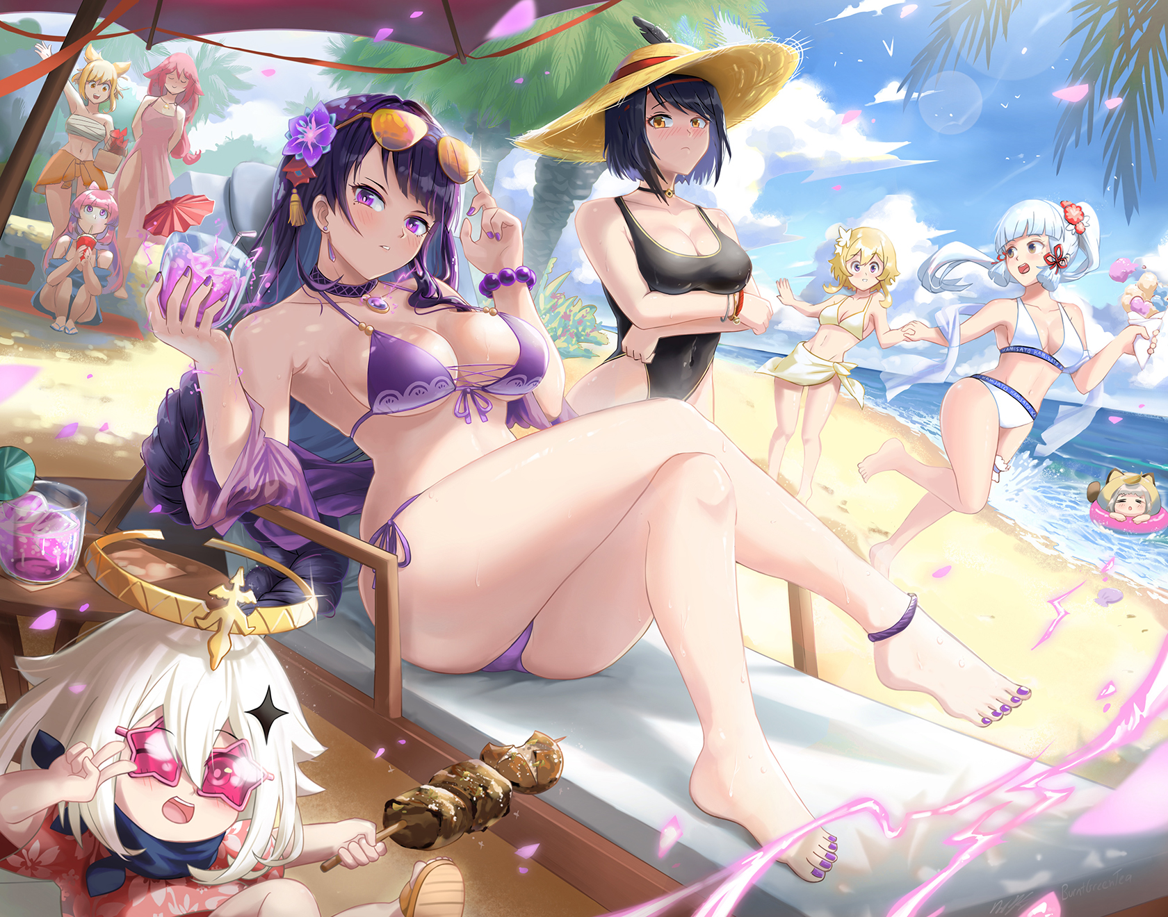6+girls, 9girls, ankle strap, ass, ayaka (genshin impact), bare legs, bare shoulders, barefoot, beach, beach chair, beach umbrella, bead bracelet, beads, bikini, black one-piece swimsuit, blonde hair, blue sky, blunt bangs, blush, bracelet, breasts, burnt green tea, choker, cleavage, closed eyes, closed mouth, cloud, cloudy sky, collarbone, covered navel, crossed legs, cup, day, drink, drinking, drinking glass, drinking straw, feet, female, female focus, female only, flower, food, genshin impact, hair flower, hair ornament, hat, hawaiian shirt, highleg, highleg swimsuit, highres, holding, holding cup, holding drink, holding food, holding hands, innertube, jewelry, kujou sara, long hair, looking at viewer, lumine (genshin impact), mole, mole under eye, multiple girls, nail polish, ocean, one eye closed, one-piece swimsuit, open mouth, outdoors, paimon (genshin impact), palm tree, partially submerged, pendant, pendant choker, ponytail, purple bikini, purple nails, questionable, raiden shogun, sangonomiya kokomi, sarashi, sarong, sayu (genshin impact), school swimsuit, shirt, shish kebab, short hair, side-tie bikini bottom, sidelocks, sky, smile, star (symbol), star-shaped eyewear, straw hat, sunglasses, sunglasses on head, swim ring, swimsuit, thigh strap, thighs, toenail polish, toenails, toes, tree, umbrella, underboob, v, white bikini, wink, yae miko, yellow bikini, yoimiya (genshin impact)
