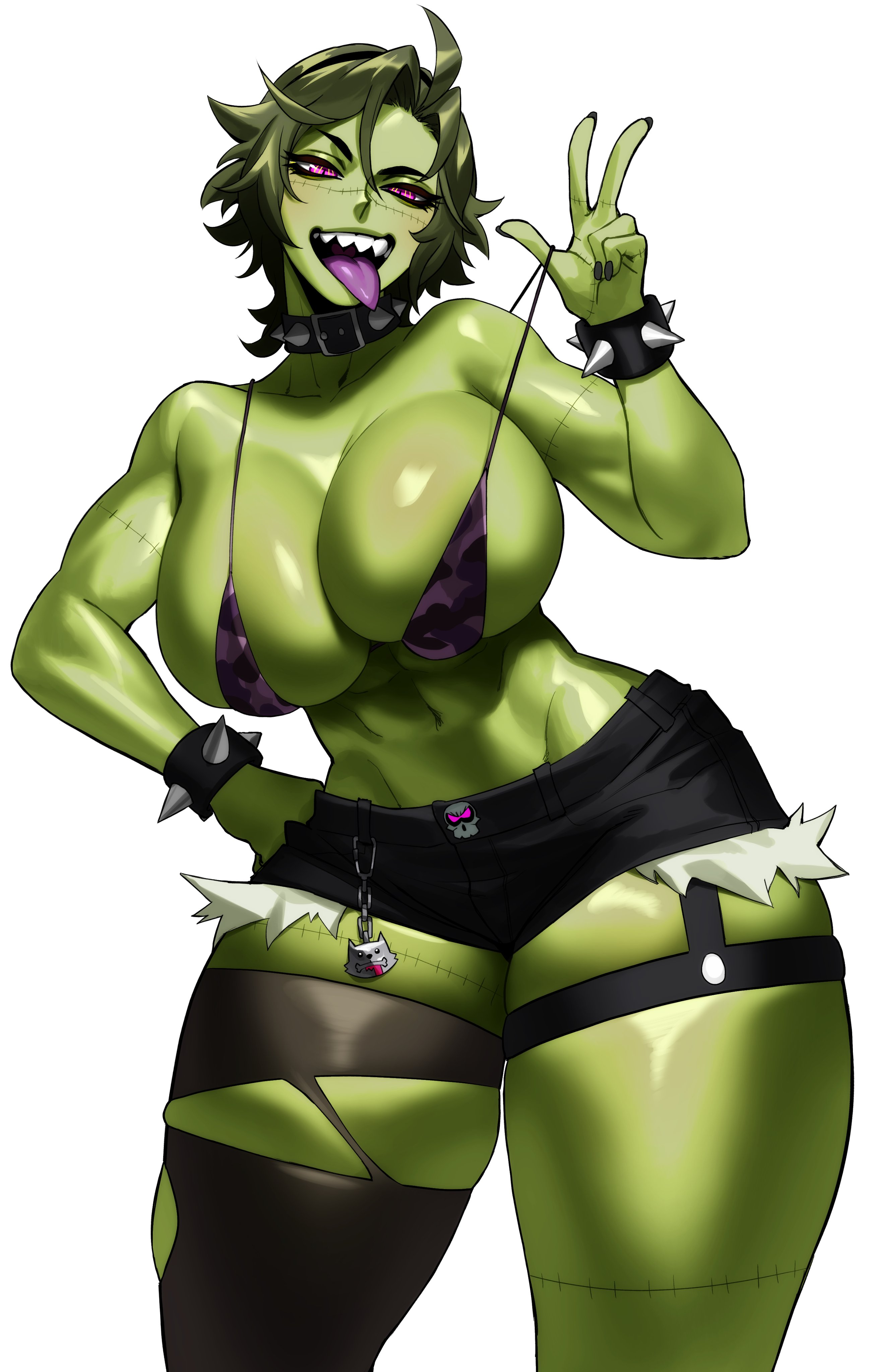 1girls, absurd res, big breasts, bikini pull, bikini top, black thighhighs, breasts, commission, female, female only, green hair, green skin, hand on hip, looking at viewer, one thighhigh, open mouth, pink eyes, sharp teeth, short hair, short shorts, shorts, smiling, smiling at viewer, solo, sotcho, spiked bracelet, spiked collar, stitches, thick, thick thighs, thighs, toned, toned female, tongue, tongue out, torn thighhighs, v sign, white background