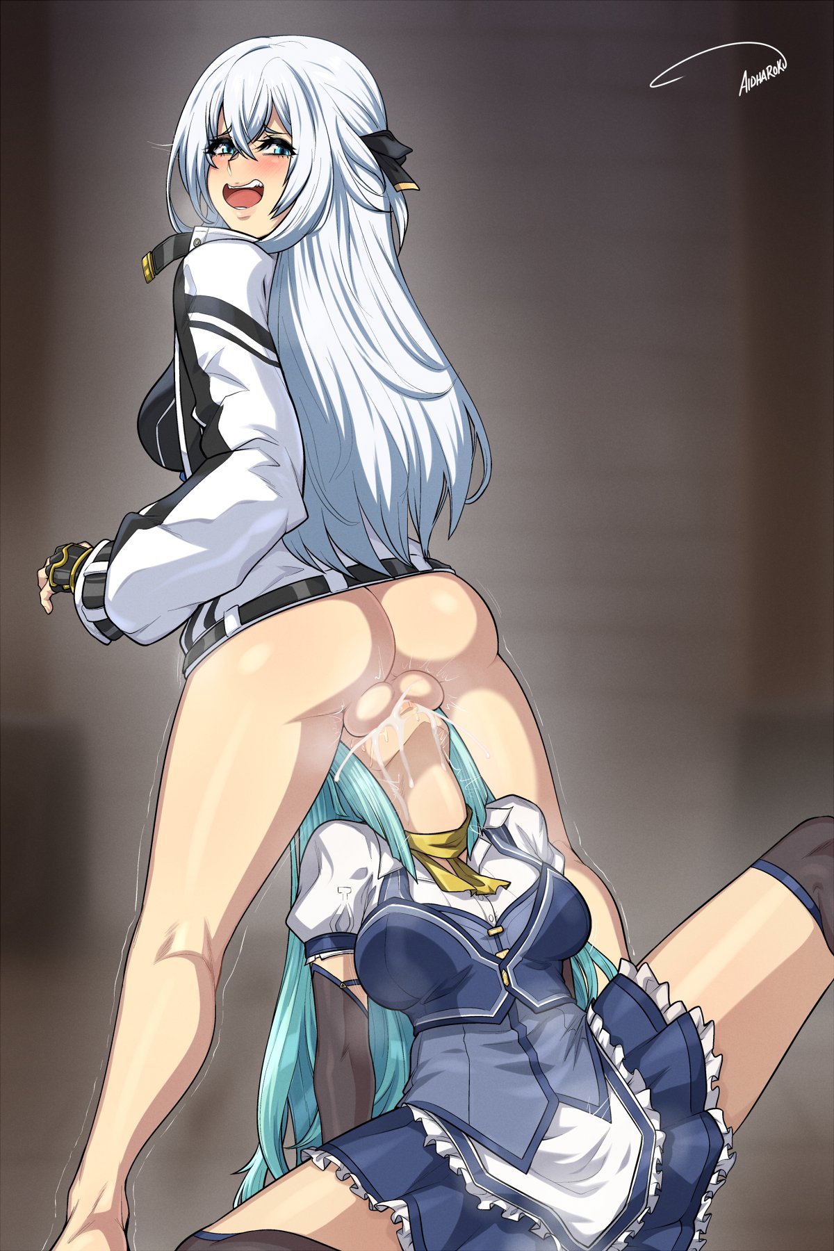 1futa, 1girls, aldharoku, artist name, ass, balls, big ass, big breasts, big penis, blush, bottomless, breasts, bubble ass, bubble butt, climax, cum, cum in mouth, cum inside, cumshot, deepthroat, face fucking, fellatio, female, filled to the brim, fit female, fit futa, futa on female, futanari, intersex, kuro no kiseki, legend of heroes, looking at viewer, looking back, mostly clothed, orgasm, orgasm face, penis, pleasure face, pussy, risette twinings, shizuna rem misurugi, sword swallowing position, thick, throat bulge, throat fuck, throatpie, twitch lines, twitching, twitching balls, twitching penis, twitching pussy