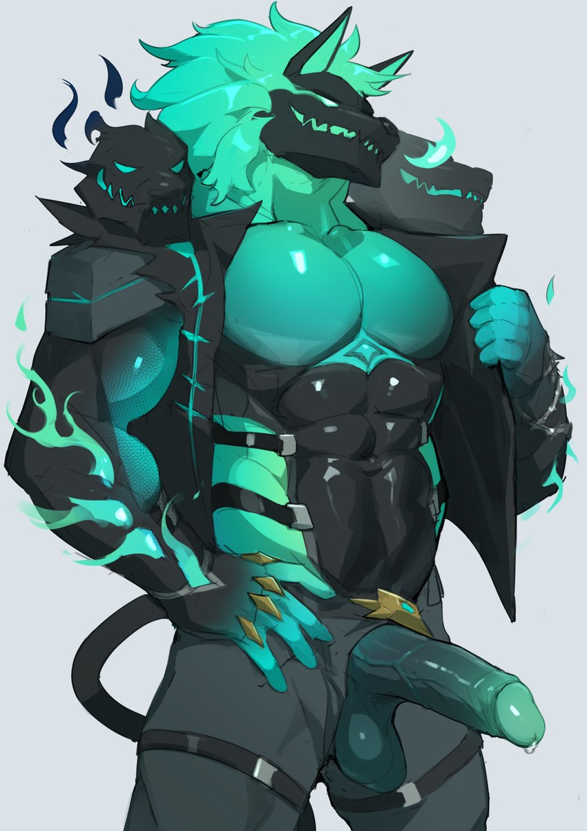 balls, battle royale, beefy, big balls, big breasts, big penis, breasts, cerberus (fortnite), fortnite, fortnite: battle royale, gay, male, male only, male/male, muscular, muscular anthro, muscular male, pecs, penis, solo