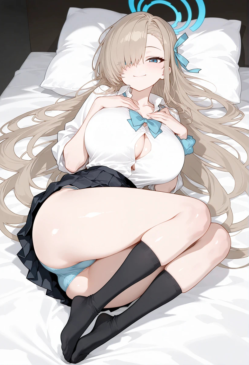 ai generated, ass, asuna (blue archive), bare thighs, big ass, big butt, blonde hair, blue archive, blue eyes, blush, breasts, fat ass, female, gigantic ass, gigantic breasts, gyaru, hair over one eye, huge breasts, huge thighs, light skin, light-skinned female, long hair, looking at viewer, mako (artist), massive ass, massive breasts, panties, pantyhose, school uniform, schoolgirl, smiling, socks, solo female, squatting, sweat, sweatdrop, thick body, thick female, thick thighs, thighhighs, thighs, voluptuous, voluptuous female