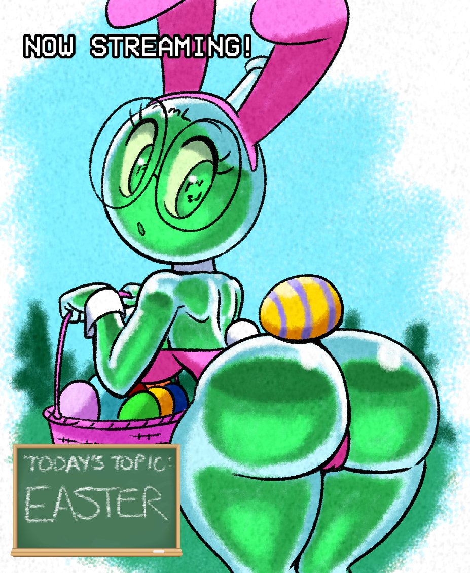 1girls, 2024, ass, ass focus, bunny ears, bunnysuit, easter, easter egg, egg, female, glasses, inanimate animate, millie (tansau), tagme, tansau, tansau's lab stream, thick thighs