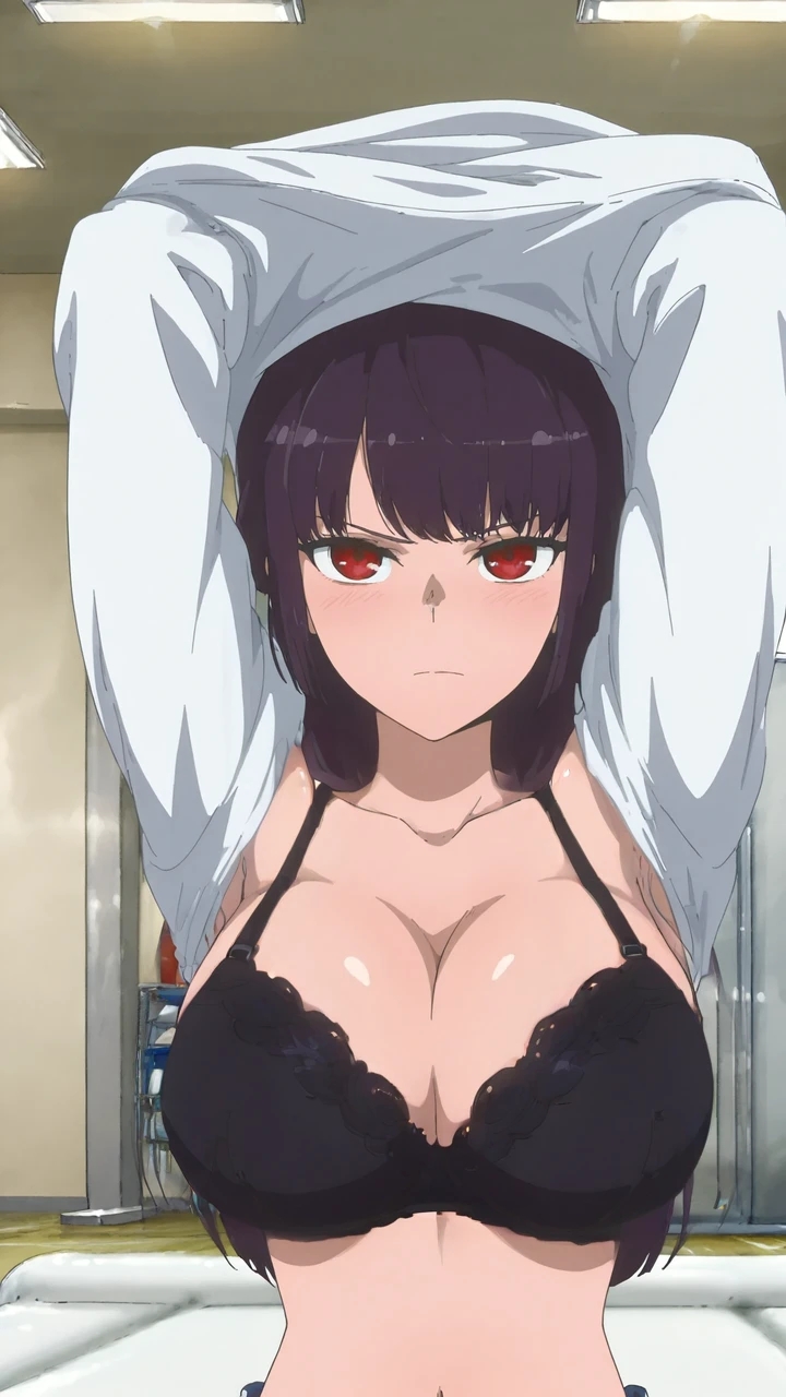 1girls, ai generated, breasts, female, female focus, female only, huge breasts, lingerie, looking at viewer, please don't bully me, nagatoro, president (nagatoro), red eyes, sana sunomiya, serious, undressing