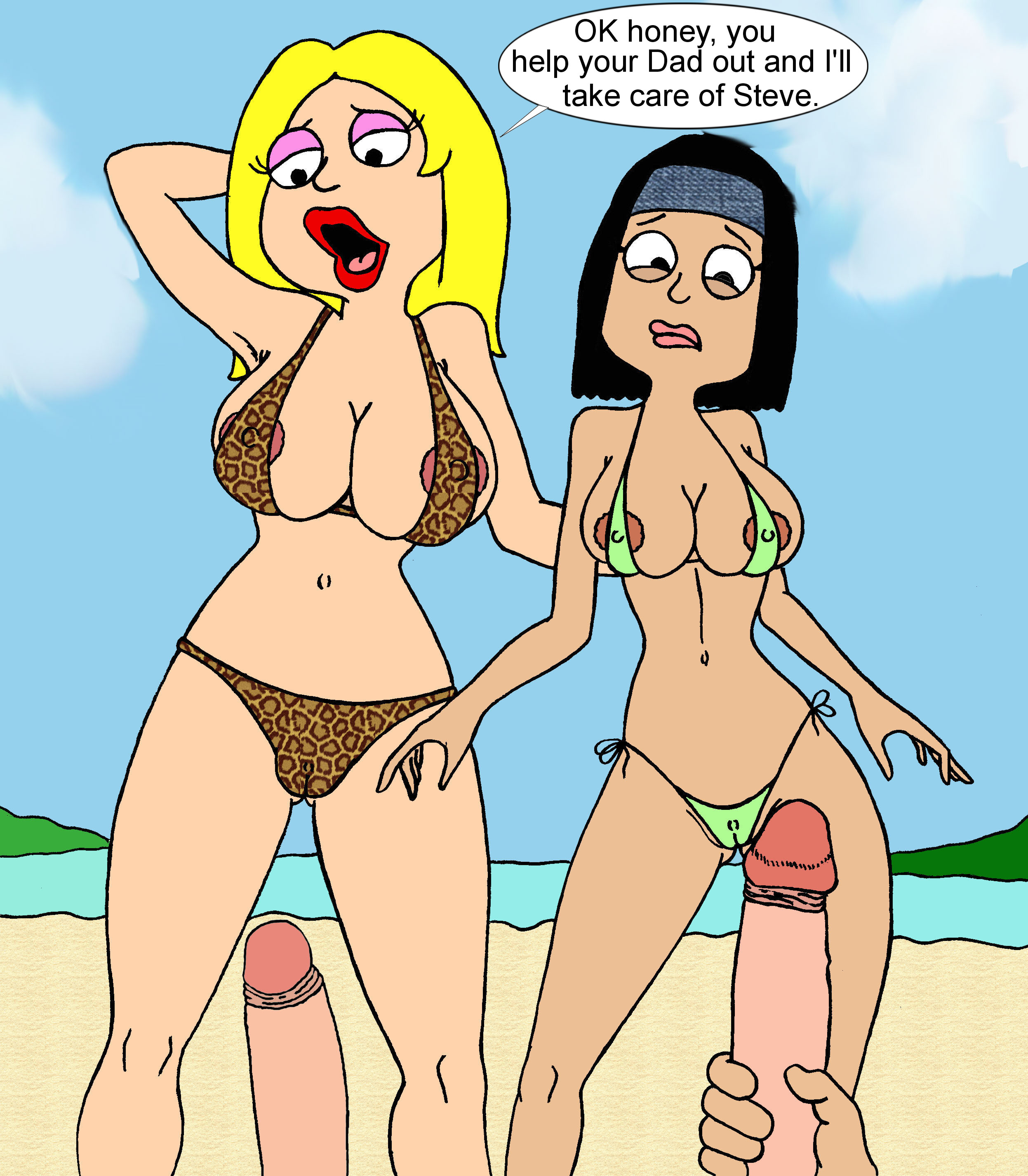 2boys, 2girls, american dad, between labia, bikini, bimbo, blonde hair, breasts, cameltoe, female, foreskin, francine smith, hayley smith, incest, innie pussy, male, milf, mother and daughter, penis, pussy, retracted foreskin, sbb, teenager, text, thick thighs, uncircumcised, uncut, wide hips