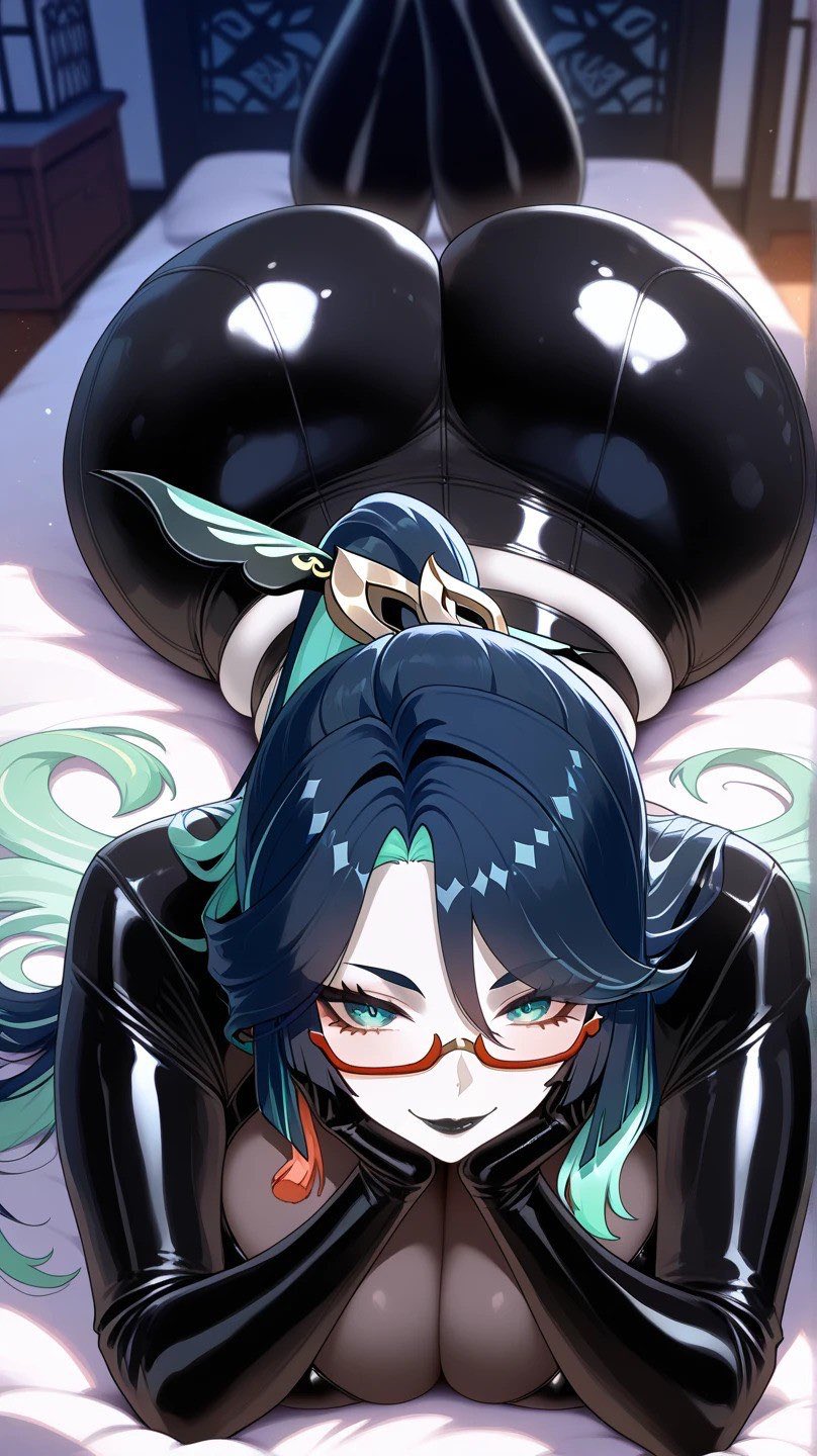 1girls, ai generated, ass, astrawaifu, big ass, big breasts, black hair, breasts, curvy, curvy female, female, genshin impact, glasses, goth, goth girl, green eyes, huge ass, large breasts, latex, latex clothing, light skin, light-skinned female, looking at viewer, pale skin, pale-skinned female, presenting, xianyun (genshin impact)