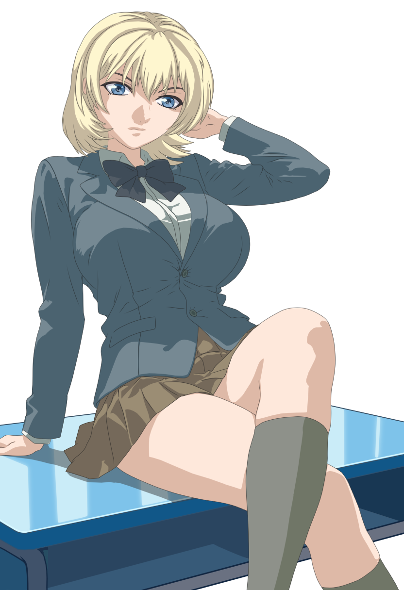 1girls bible_black black_and_white blonde_hair emerald_eyes female jody_crowley large_breasts monochrome not_porn open_eyes school_uniform sfw shin_bible_black short_hair sitting_on_table skirt voluptuous_female witch