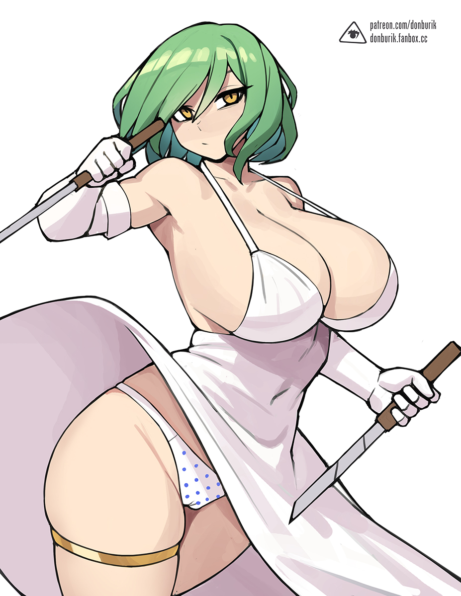 2025, artist logo, bare shoulders, breasts, cameltoe, closed mouth, collarbone, commentary, covered navel, cowboy shot, donburi (donburikazoku), donburikazoku, dress, elbow gloves, female, foreshortening, gloves, green hair, hair between eyes, highres, hikage (senran kagura), holding, holding weapon, huge breasts, jewelry, leaning to the side, logo, looking at viewer, marvelous, medium hair, panties, patreon username, polka dot, polka dot panties, pussy, senran kagura, simple background, sleeveless, sleeveless dress, solo, strap gap, thighlet, thighs, underwear, weapon, web address, white background, white dress, white gloves, white panties, wind, wind lift, yellow eyes