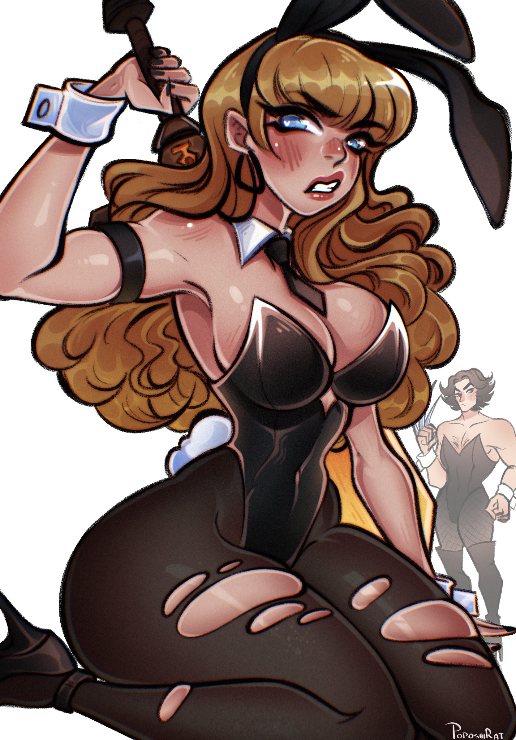 2d, both sexes in same situation, bunnysuit, clothed, clothed female, curvy female, female, logan (x-men), magik (illyana rasputin), magik (marvel rivals), male, marvel, marvel comics, marvel rivals, muscular, muscular male, poposhirat