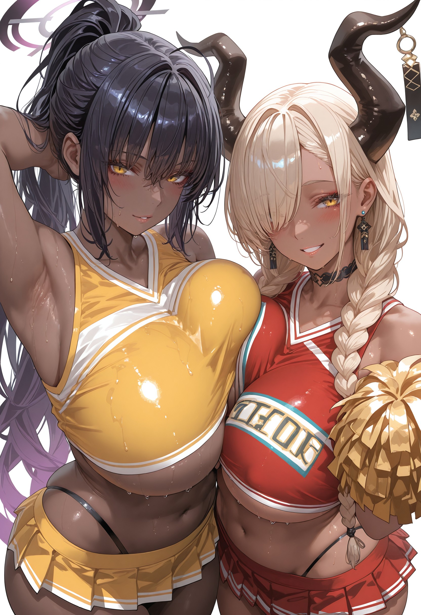 2girls, ai generated, ass, azur lane, black hair, blonde hair, blue archive, breasts, cheerleader, cheerleader uniform, crossover, dark skin, dark-skinned female, female, flyingpancake, gyaru, hi res, horns, huge ass, karin (blue archive), large breasts, long hair, owari (azur lane), tan, tan-skinned female, tanned skin, thick thighs